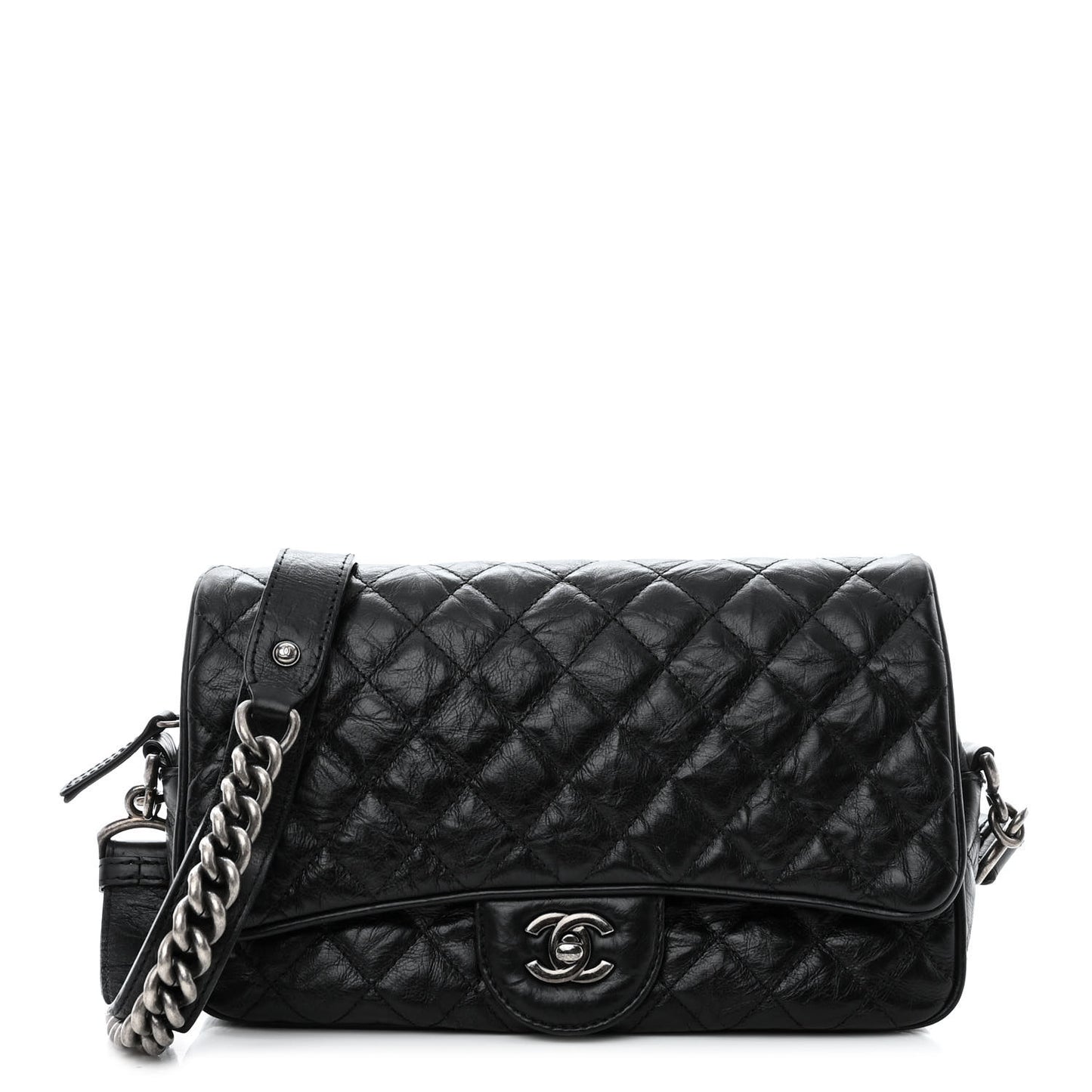 Crumpled Calfskin Quilted Medium Casual Rock Flap Black