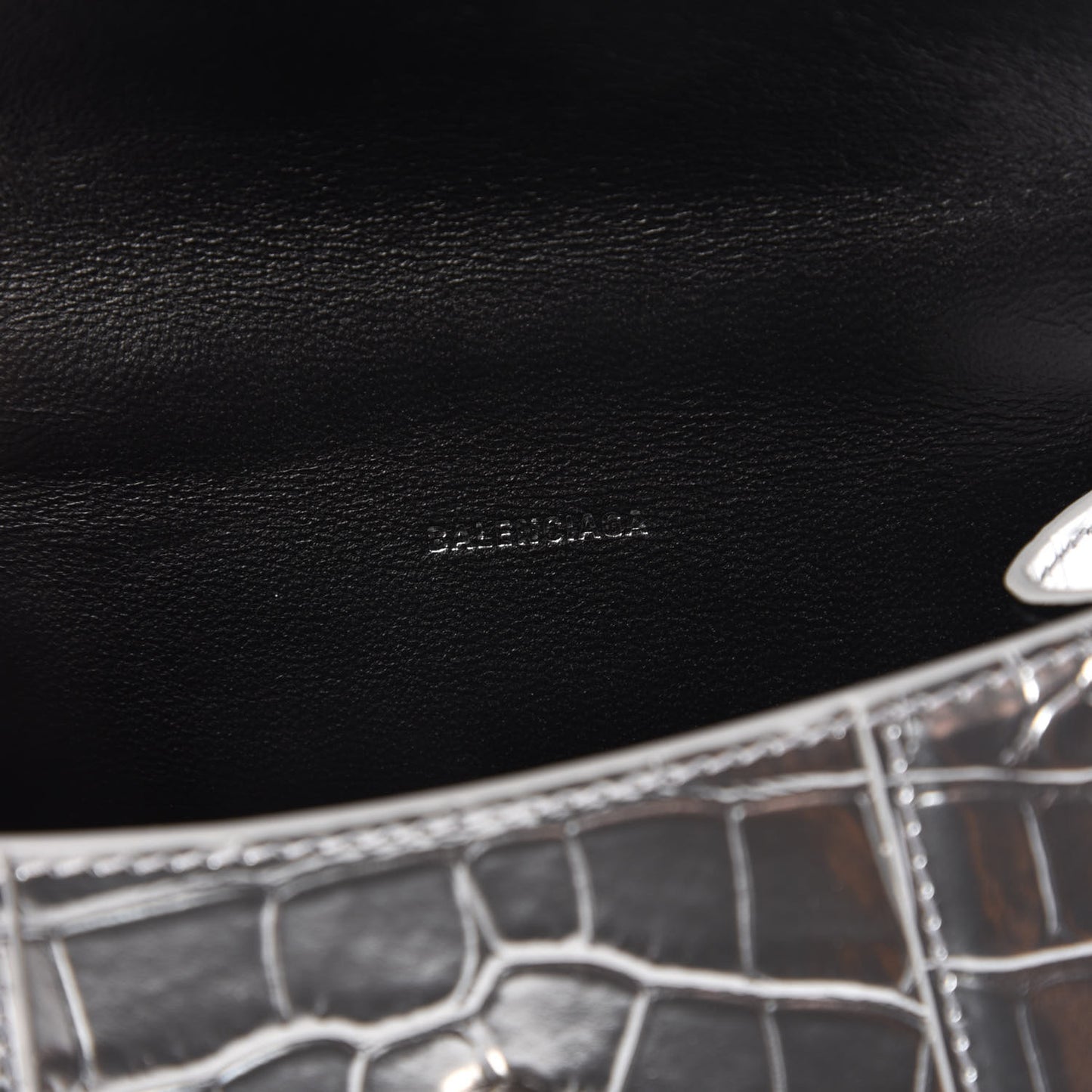Metallic Calfskin Crocodile Embossed Hourglass Top Handle Bag XS Silver