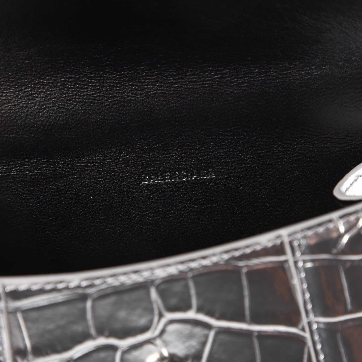 Balenciaga Metallic Calfskin Crocodile Embossed Hourglass Top Handle Bag XS Silver 8 of 9
