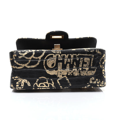 Chanel Calfskin Crocodile Embossed Graffiti 2.55 Mini Cocodile Reissue Flap Black Gold 19 of 21