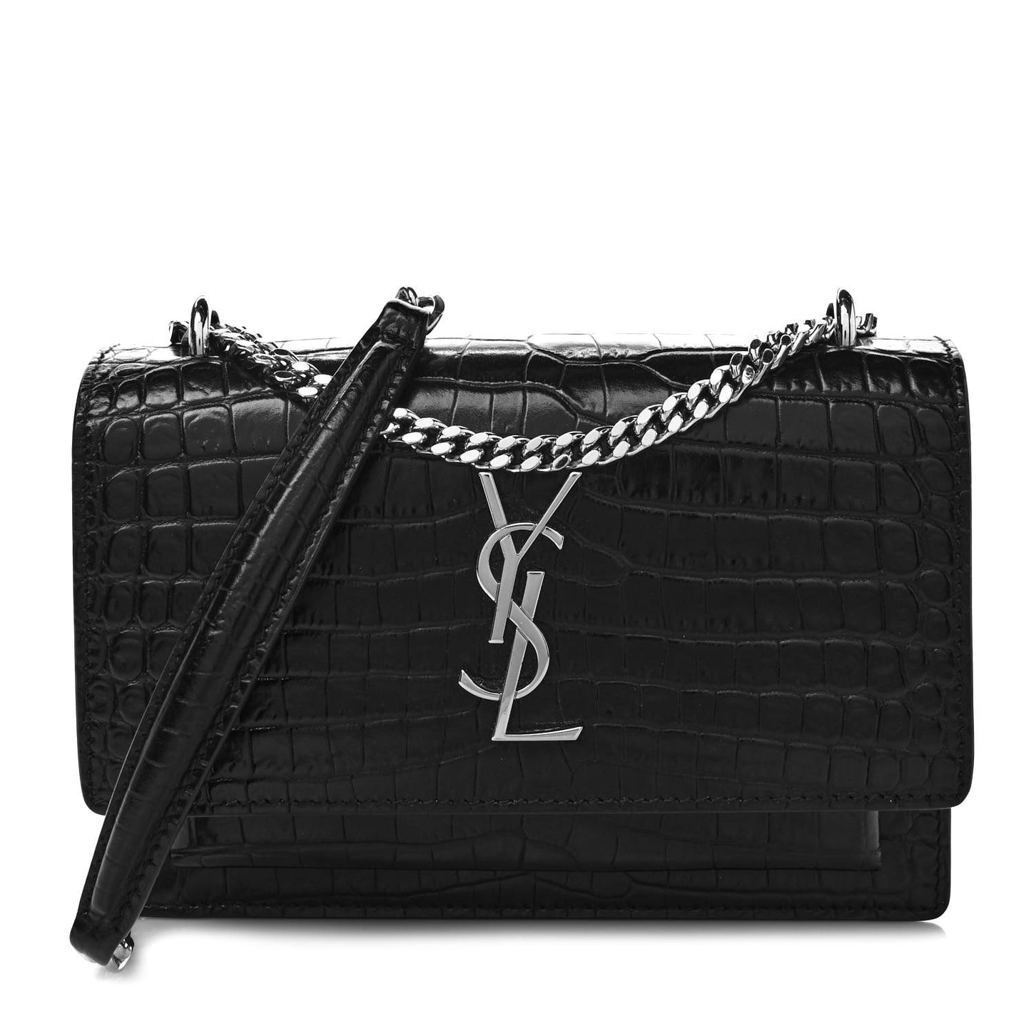 Calfskin Crocodile Embossed Monogram Sunset Chain Wallet Black