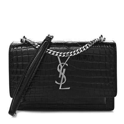 Saint Laurent Calfskin Crocodile Embossed Monogram Sunset Chain Wallet Black 1 of 10
