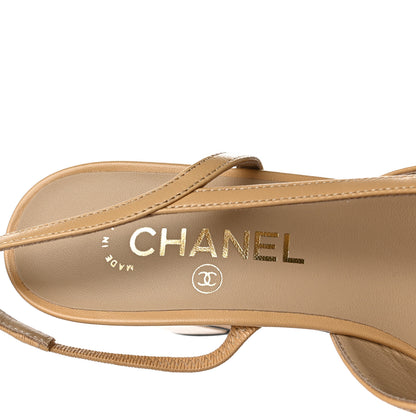Chanel Goatskin Grosgrain Cap Toe CC Slingback Pumps 40 Beige Black 7 of 7