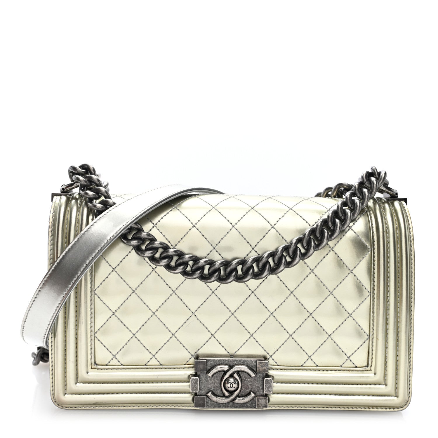 Chanel Metallic Patent Calfskin Quilted Medium Boy Flap Silver 1 of 9