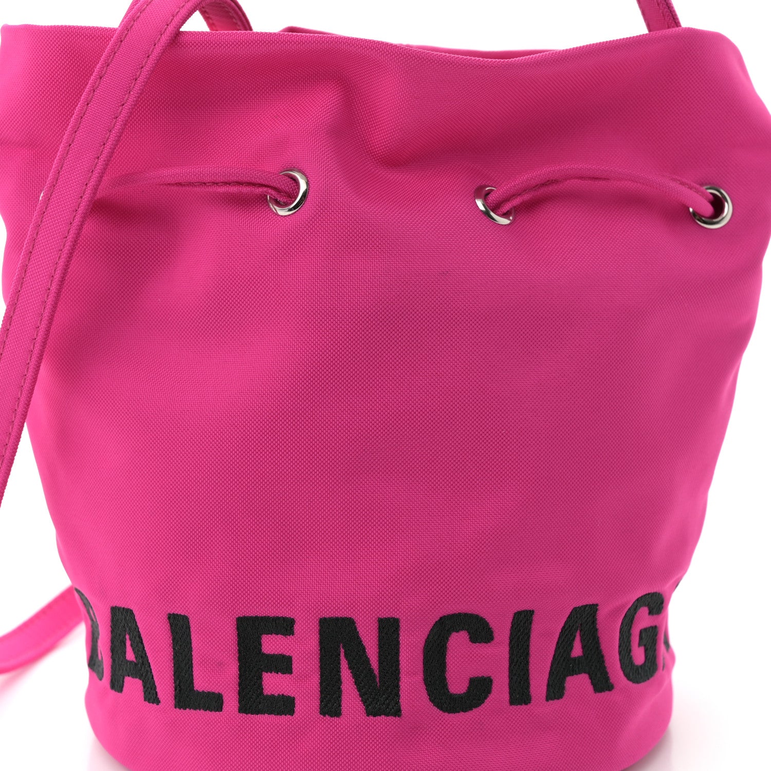 Balenciaga Recycled Sport Nylon Logo Embroidered Wheel Drawstring Bucket Bag XS Fuchsia Black 7 of 9