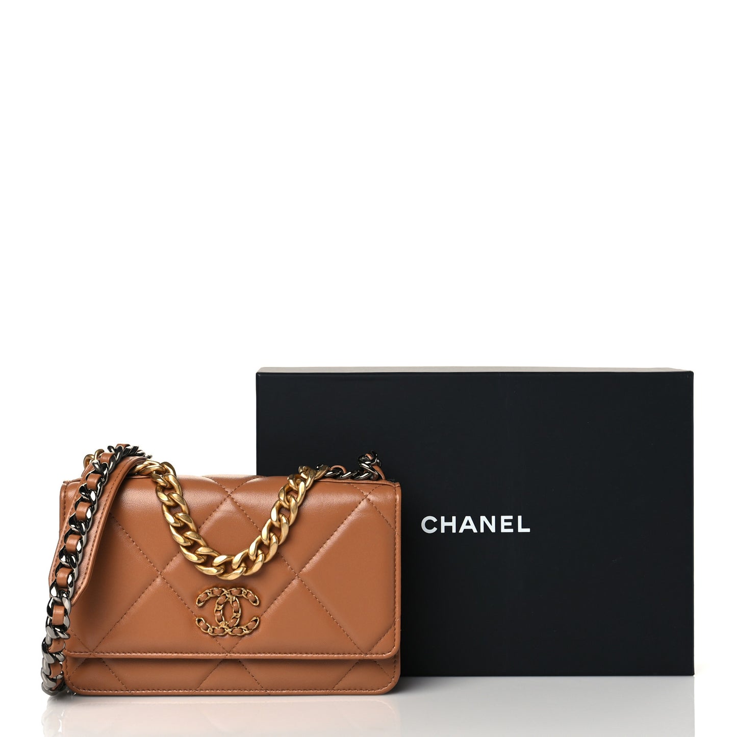 Lambskin Quilted Chanel 19 Wallet On Chain WOC Brown