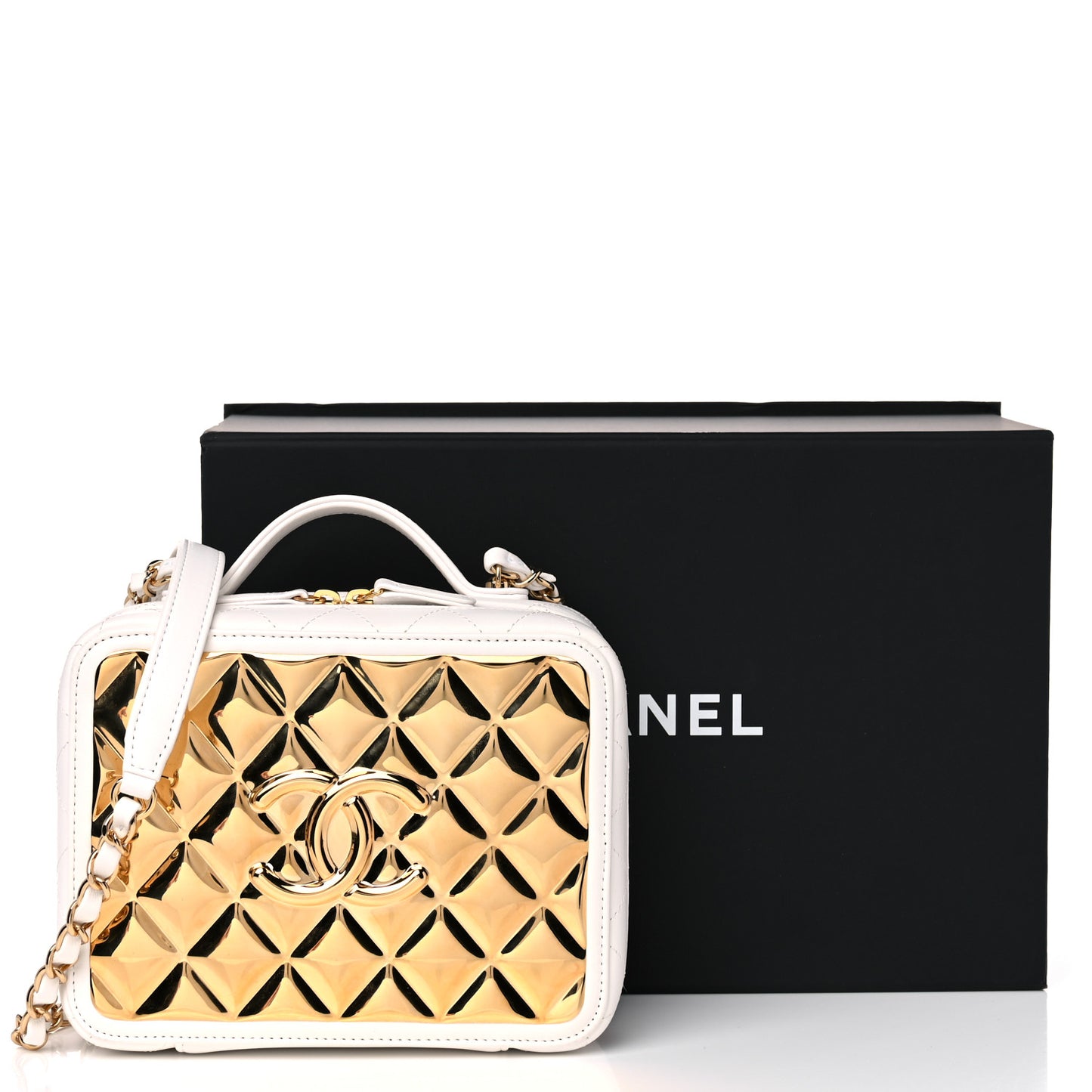 Lambskin Quilted Golden Plate Vanity Case White Gold