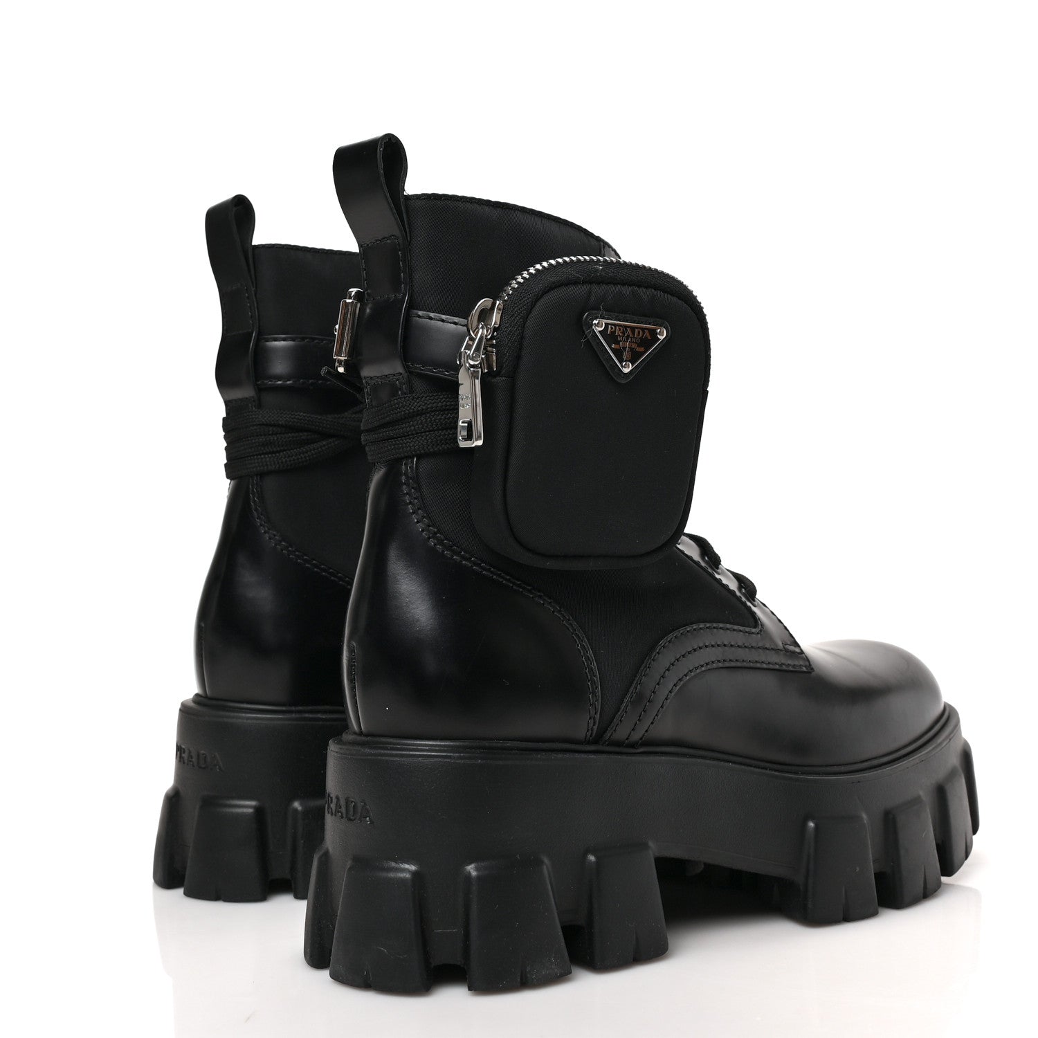 Prada Spazzolato Rois Nylon Metal Triangle Logo Monolith Pouch Pocket 55mm Boots 38 Black 4 of 8