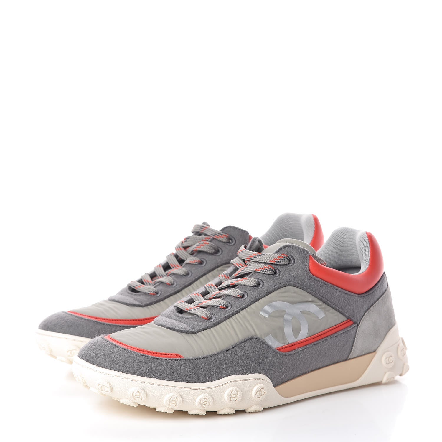 Chanel Nylon Calfskin Suede Mens CC Sneakers 41 Grey Orange 3 of 8