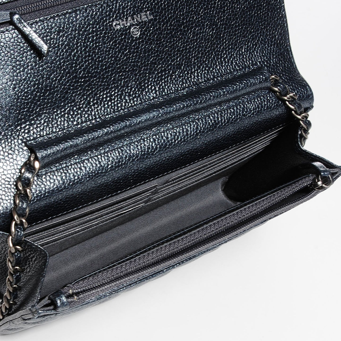 Metallic Caviar Quilted Wallet On Chain WOC Charcoal