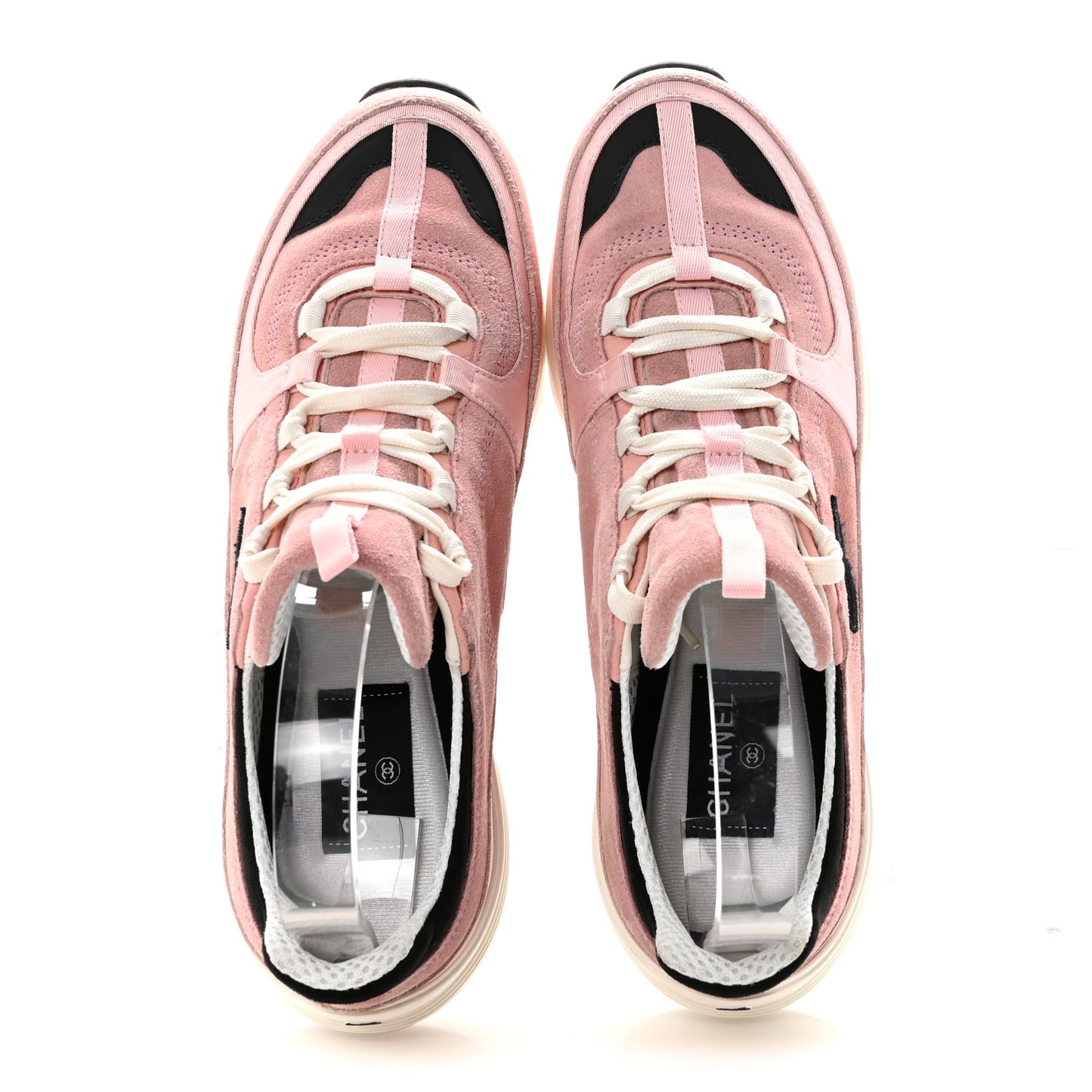Suede Calfskin Grosgrain Womens CC Sneakers 39.5 Light Pink Black