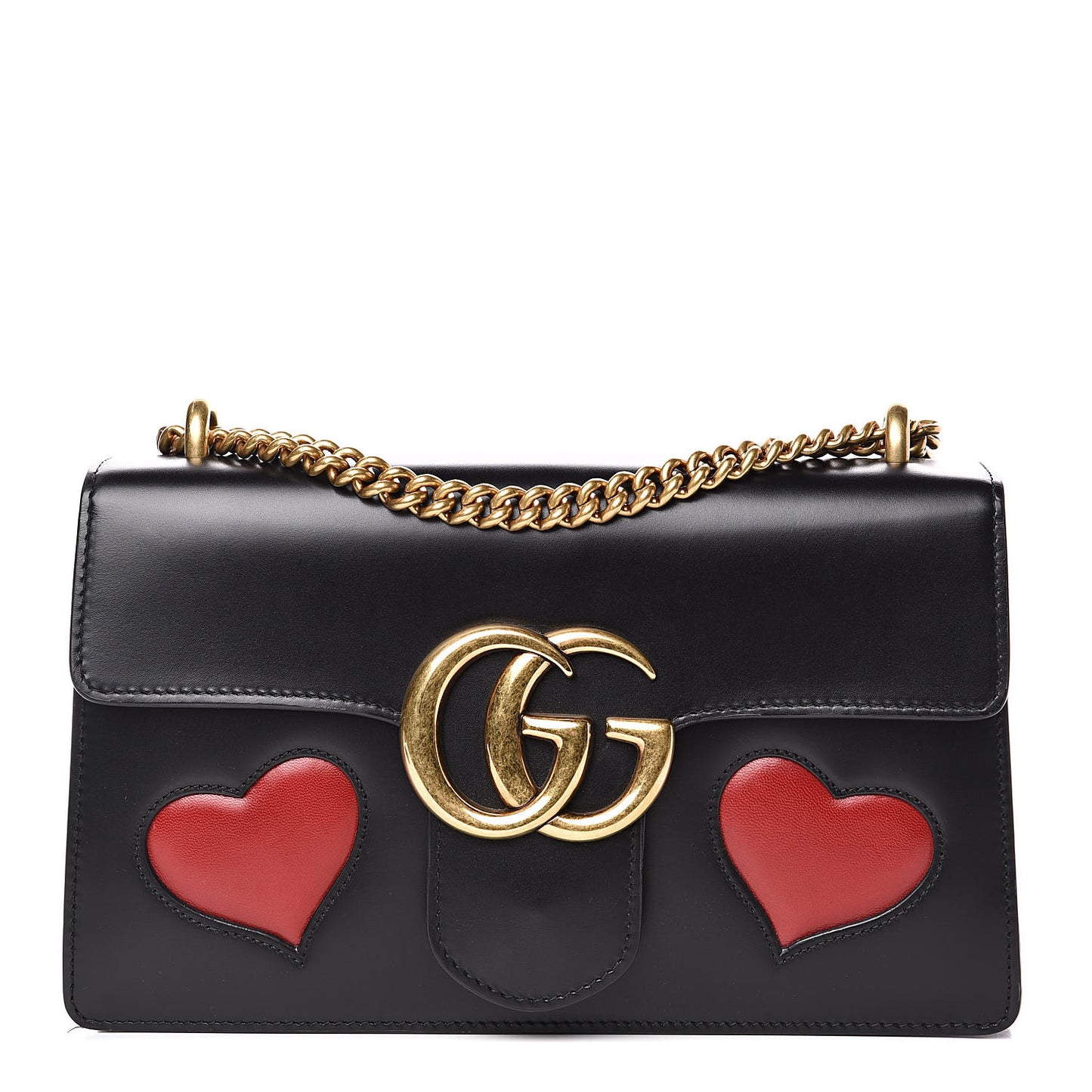 Knight Calfskin Malaga Kid Heart Medium GG Marmont Chain Handle Bag Black Hibiscus Red Multicolor