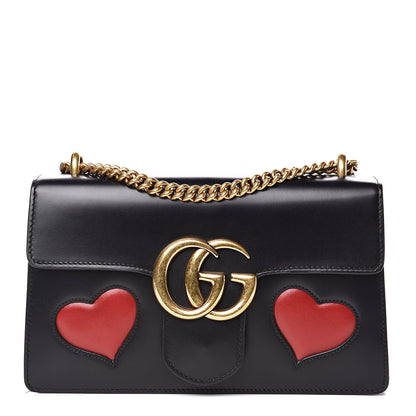 Gucci Knight Calfskin Malaga Kid Heart Medium GG Marmont Chain Handle Bag Black Hibiscus Red Multicolor 1 of 13
