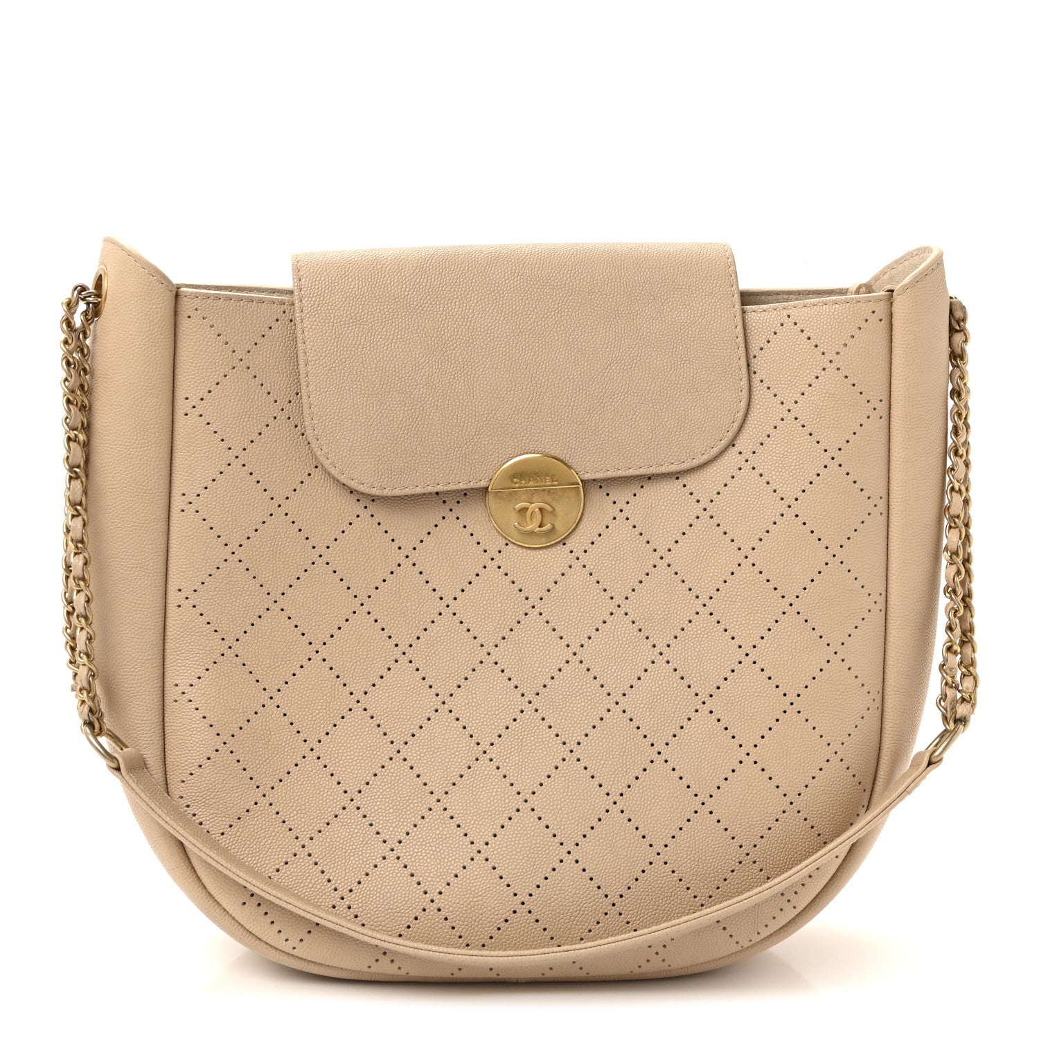 Chanel Grained Calfskin Perforated Small Flap Hobo Beige 1 of 10