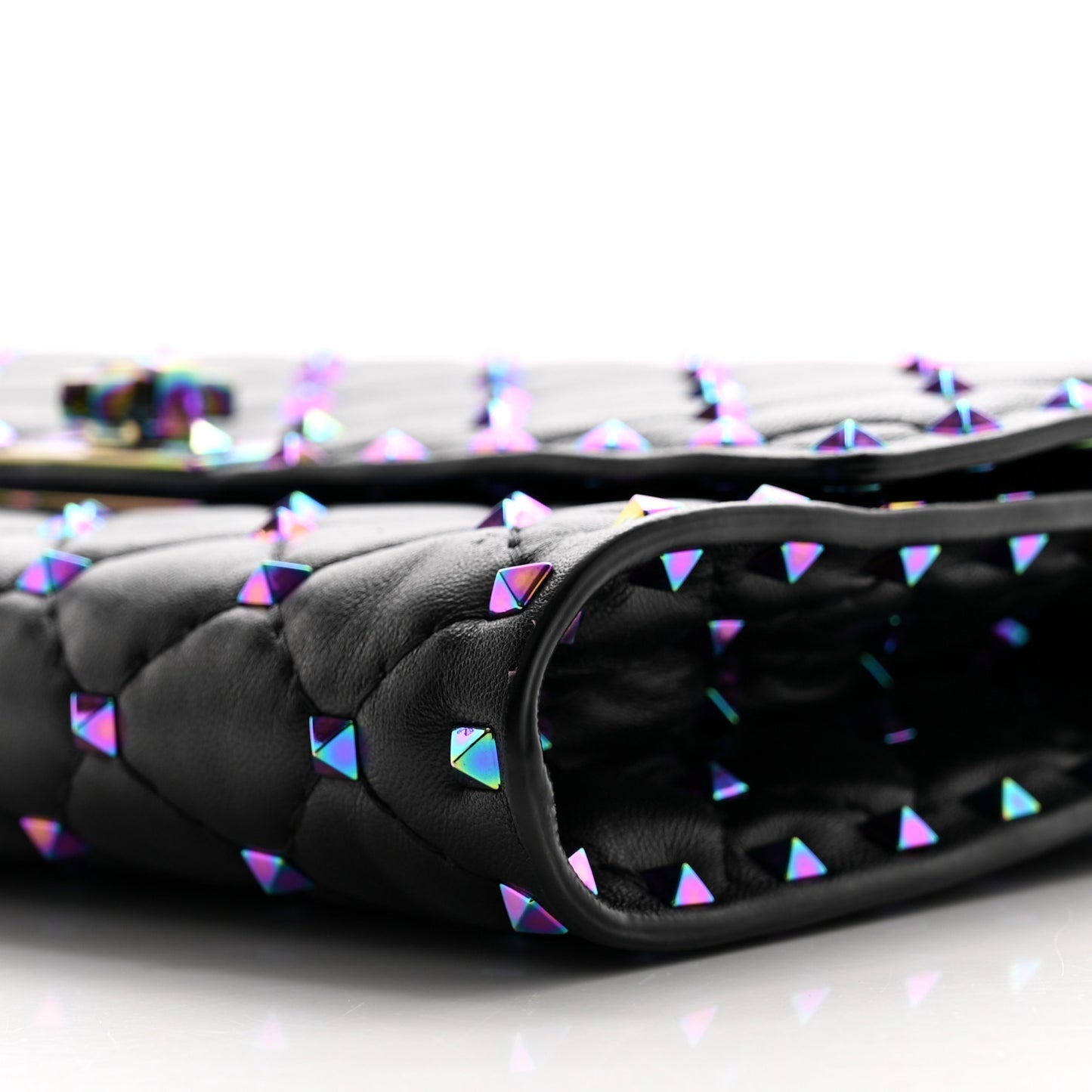 Lambskin Oil Slick Rockstud Spike Wallet on Chain Black