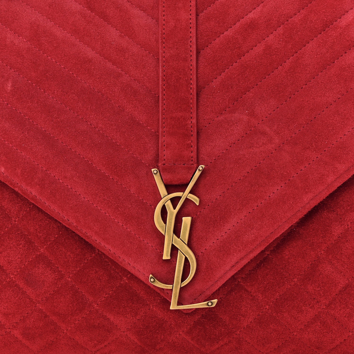 Saint Laurent Suede Mixed Matelasse Triquilt Large Monogram Envelope Satchel Red 8 of 13