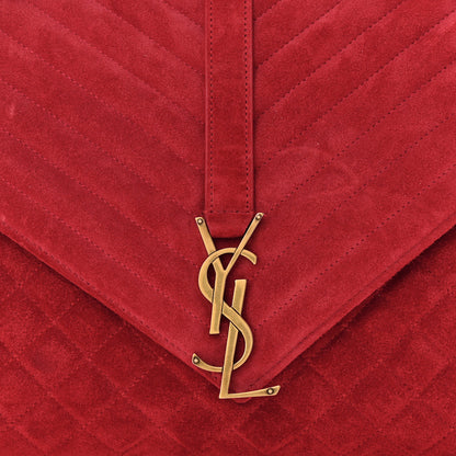 Saint Laurent Suede Mixed Matelasse Triquilt Large Monogram Envelope Satchel Red 8 of 13