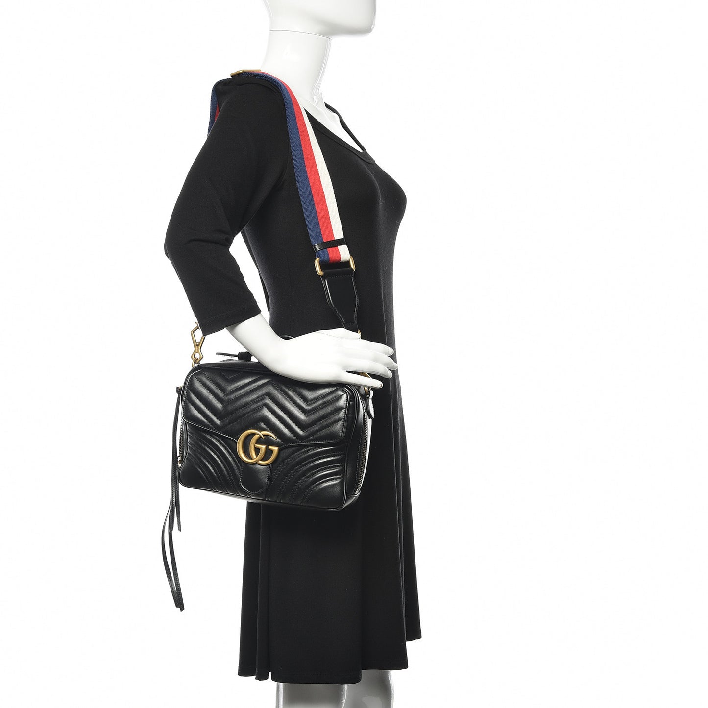 Calfskin Matelasse Sylvie Web Small GG Marmont Top Handle Shoulder Bag Black
