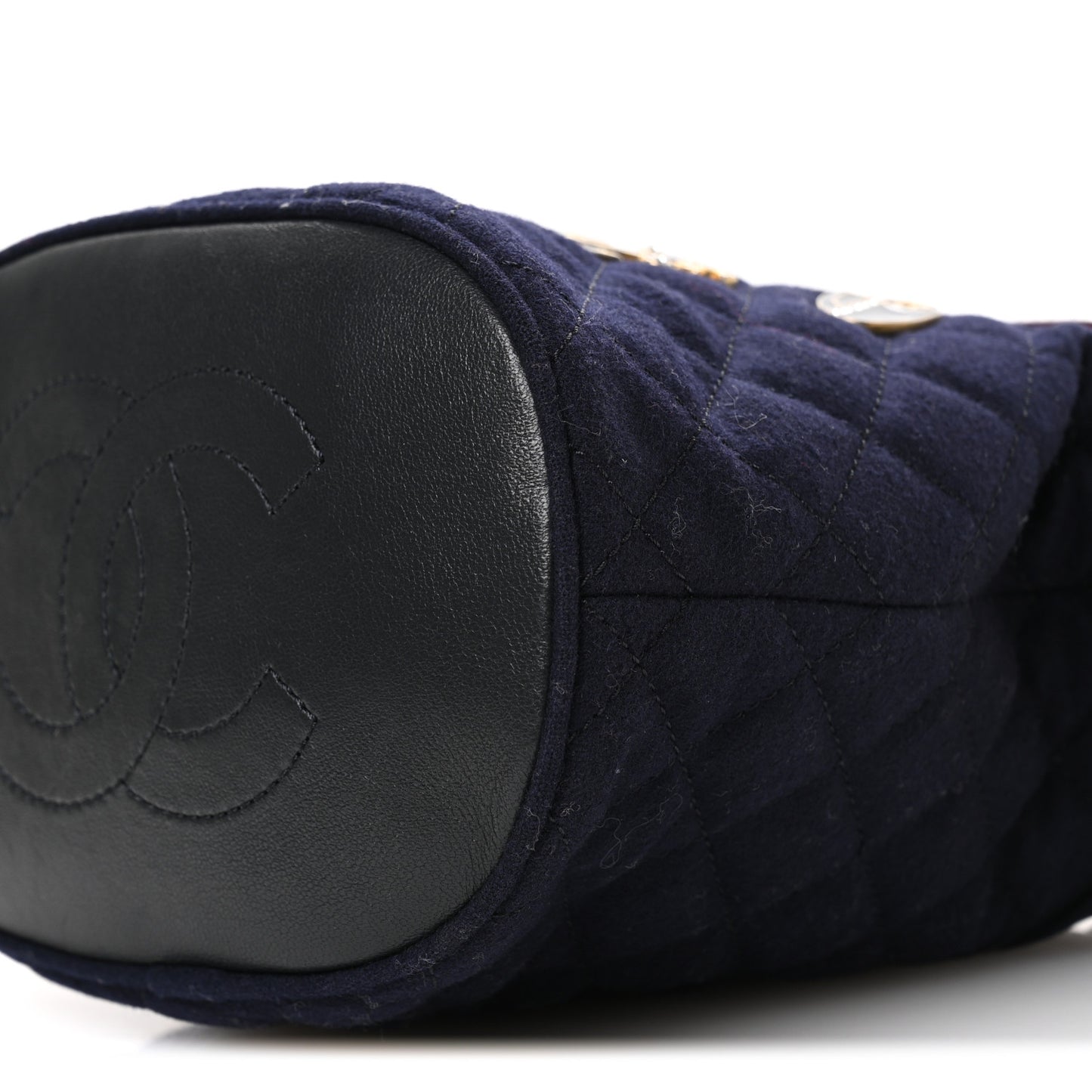 Felt Quilted Paris Hamburg Charms Drawstring Bucket Bag Dark Navy