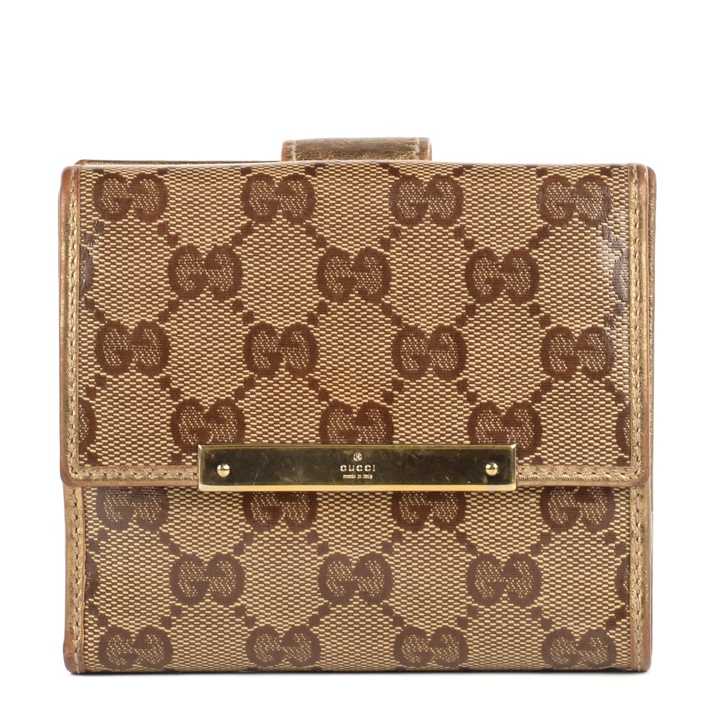 Crystal Monogram Metal Bar French Flap Wallet Metallic Gold