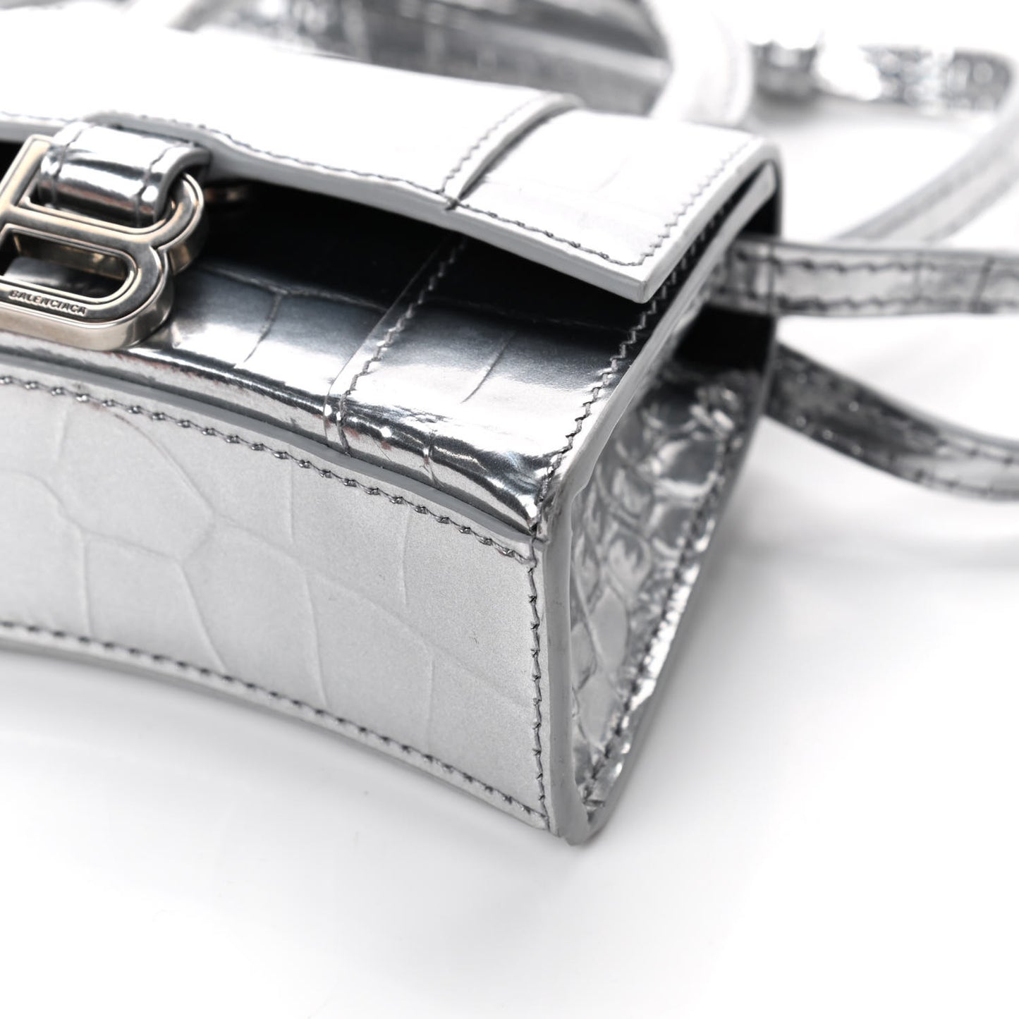 Metallic Calfskin Crocodile Embossed Hourglass Top Handle Bag Mini Silver