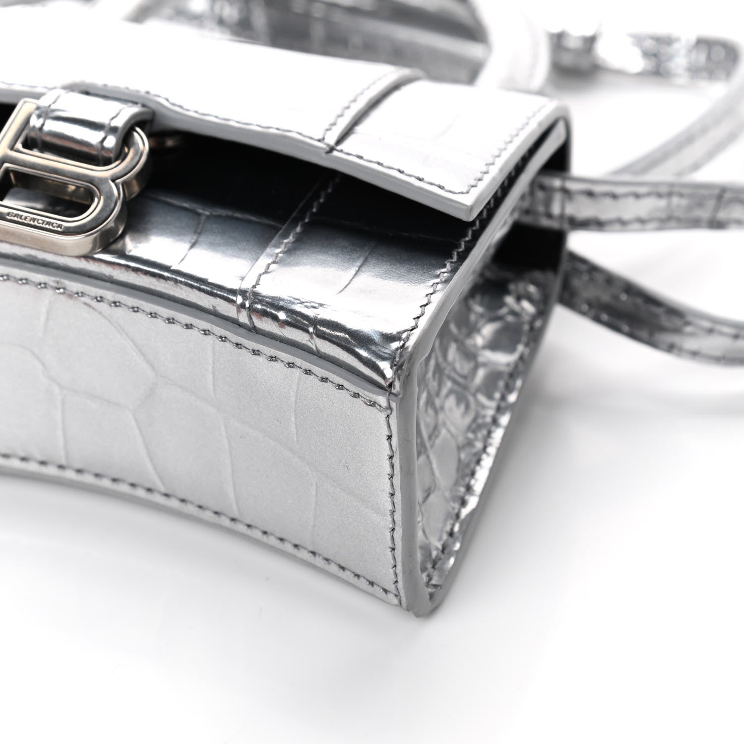 Balenciaga Metallic Calfskin Crocodile Embossed Hourglass Top Handle Bag Mini Silver 8 of 8