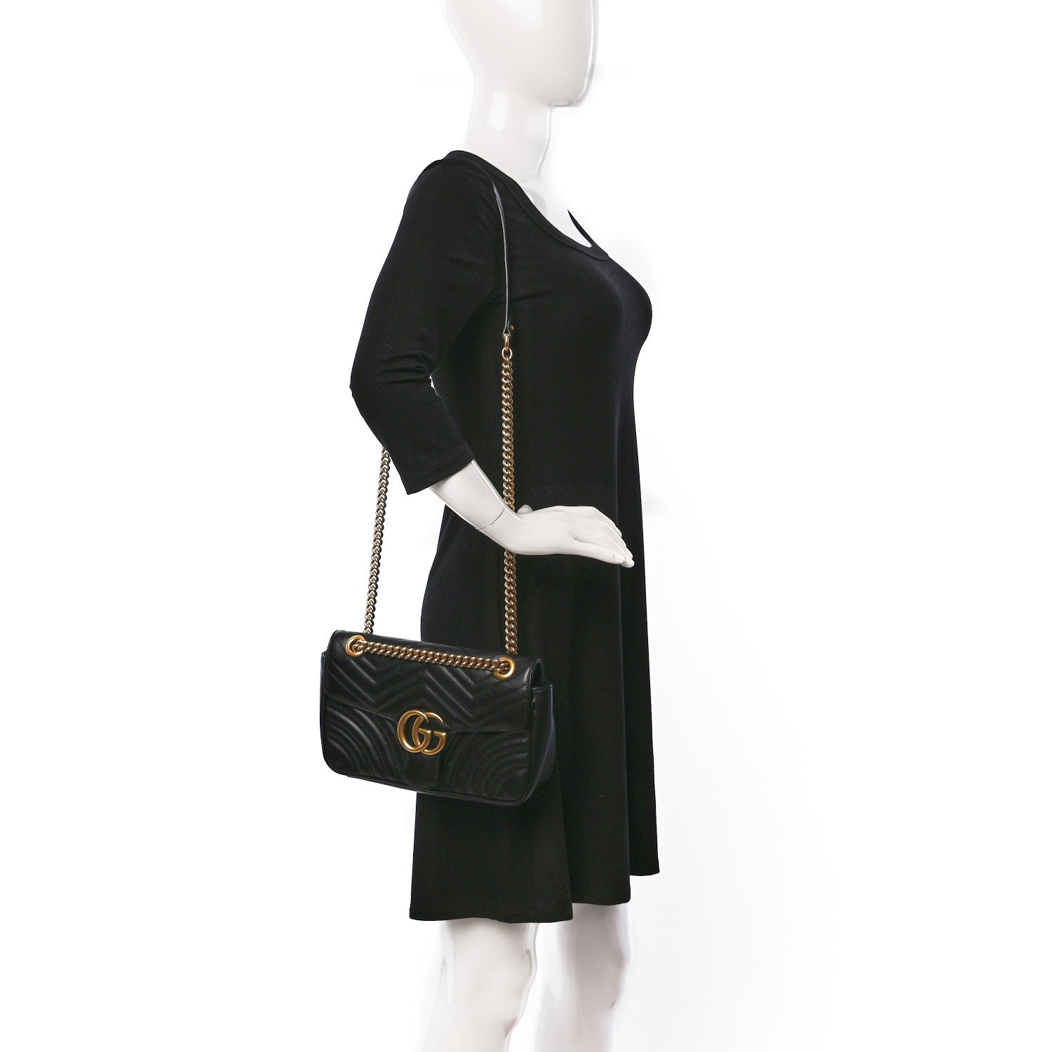 Gucci Calfskin Matelasse Small GG Marmont Shoulder Bag Black 2 of 9