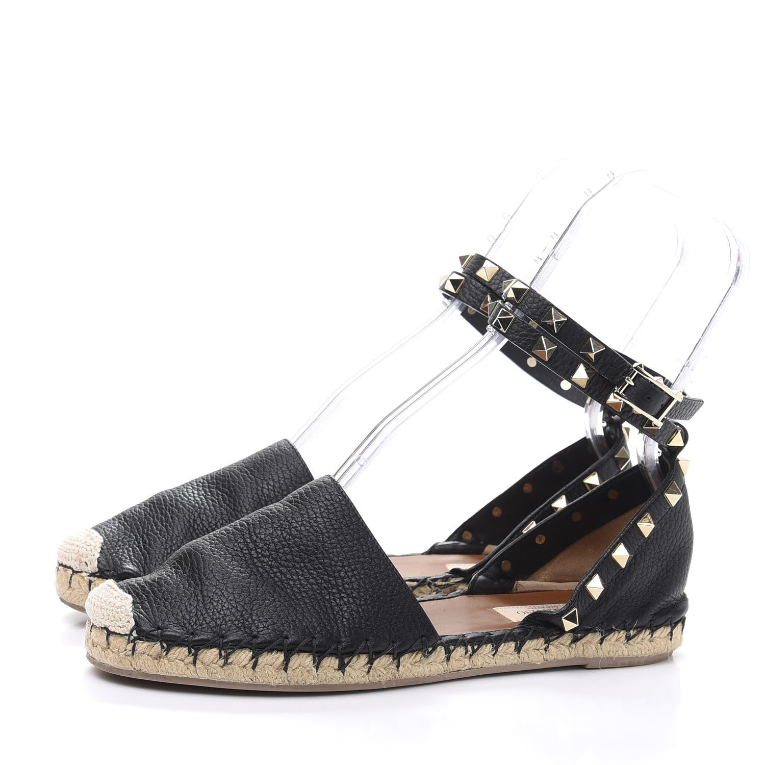 Valentino Garavani Grained Calfskin Rockstud Ankle Wrap Espadrille 20mm Flats 37 Black Natural 3 of 7
