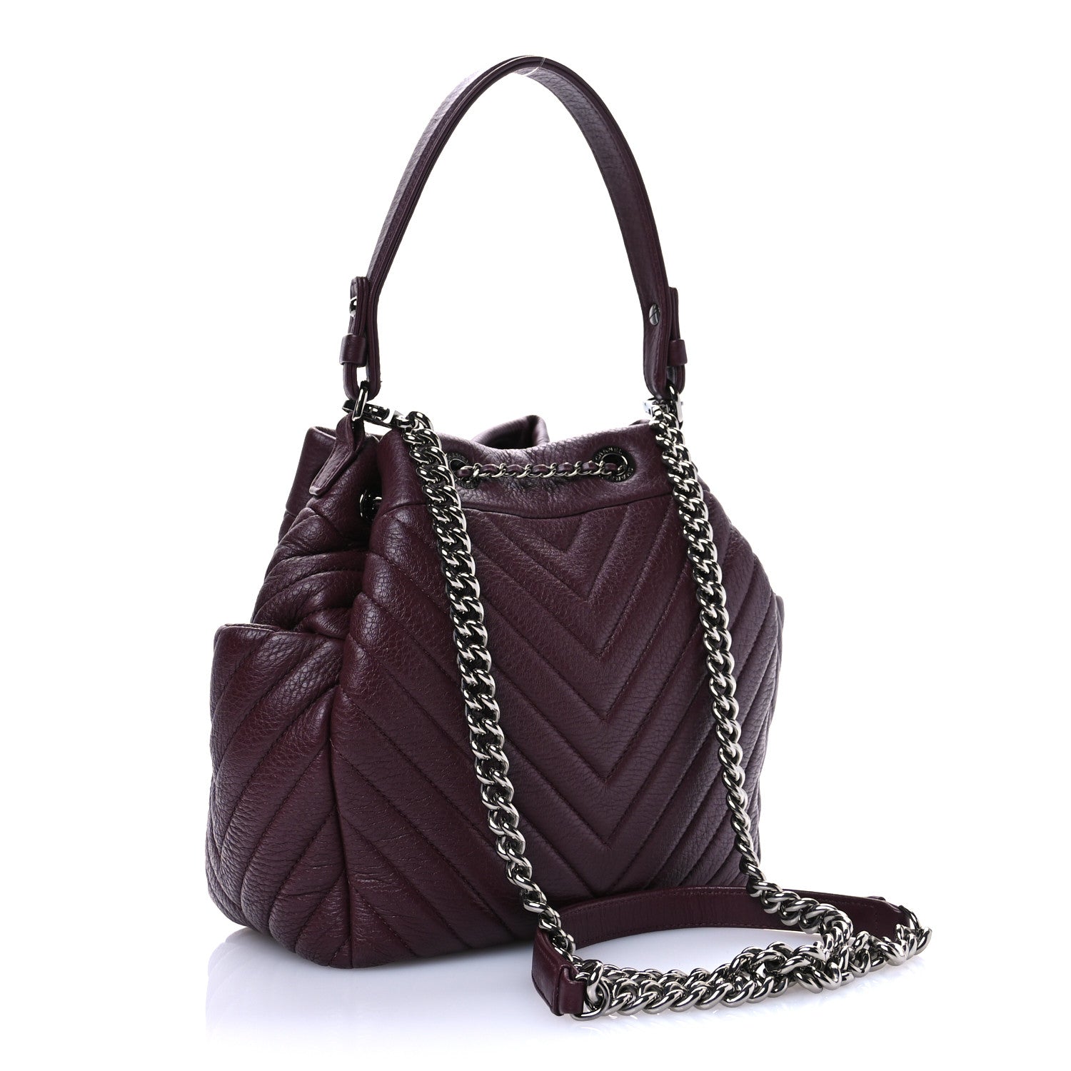 Chanel Deerskin Chevron Medium CC Chain Bucket Drawstring Bag Burgundy 3 of 10