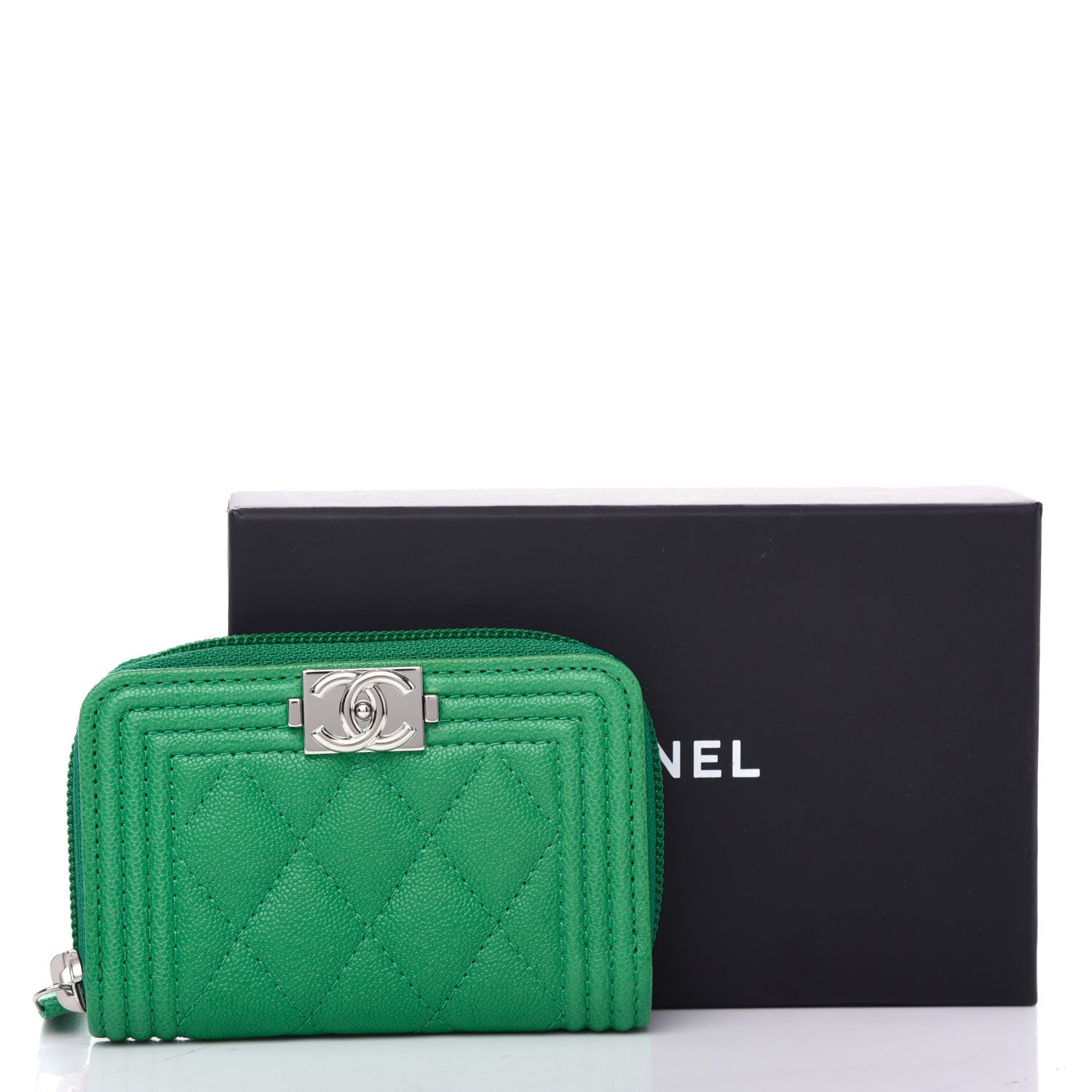 Chanel Caviar Quilted Boy Zip Around Coin Purse Wallet Green 8 of 8