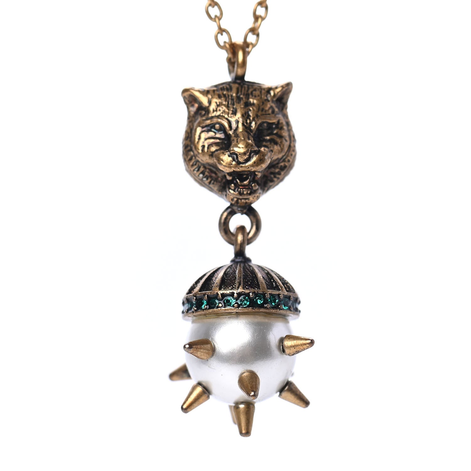 Gucci Metal Crystal Pearl Tiger Head Necklace Aged Gold 3 of 4