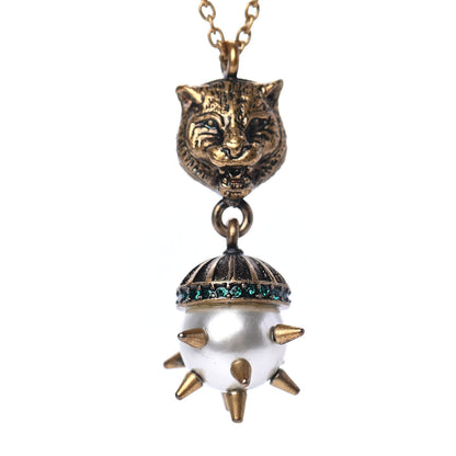 Gucci Metal Crystal Pearl Tiger Head Necklace Aged Gold 3 of 4