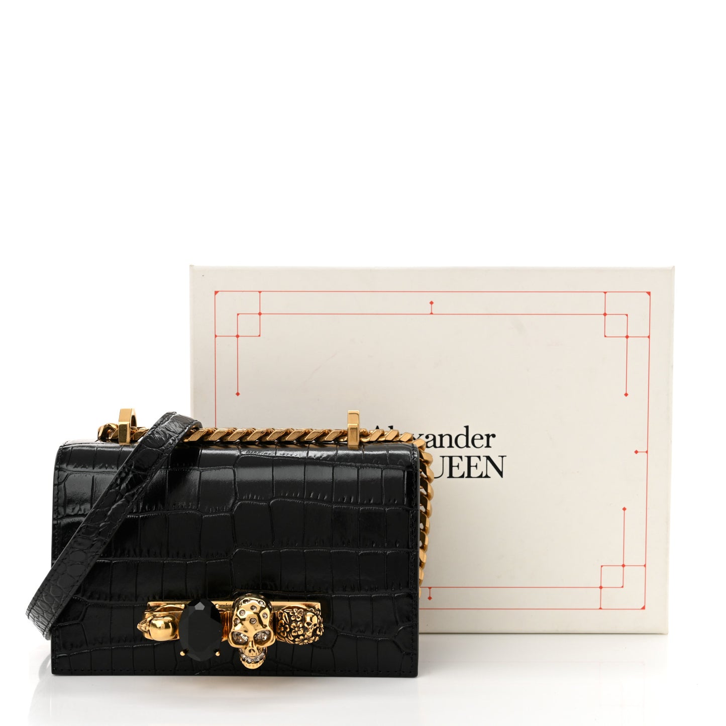 Shiny Crocodile Embossed Jeweled Satchel Black