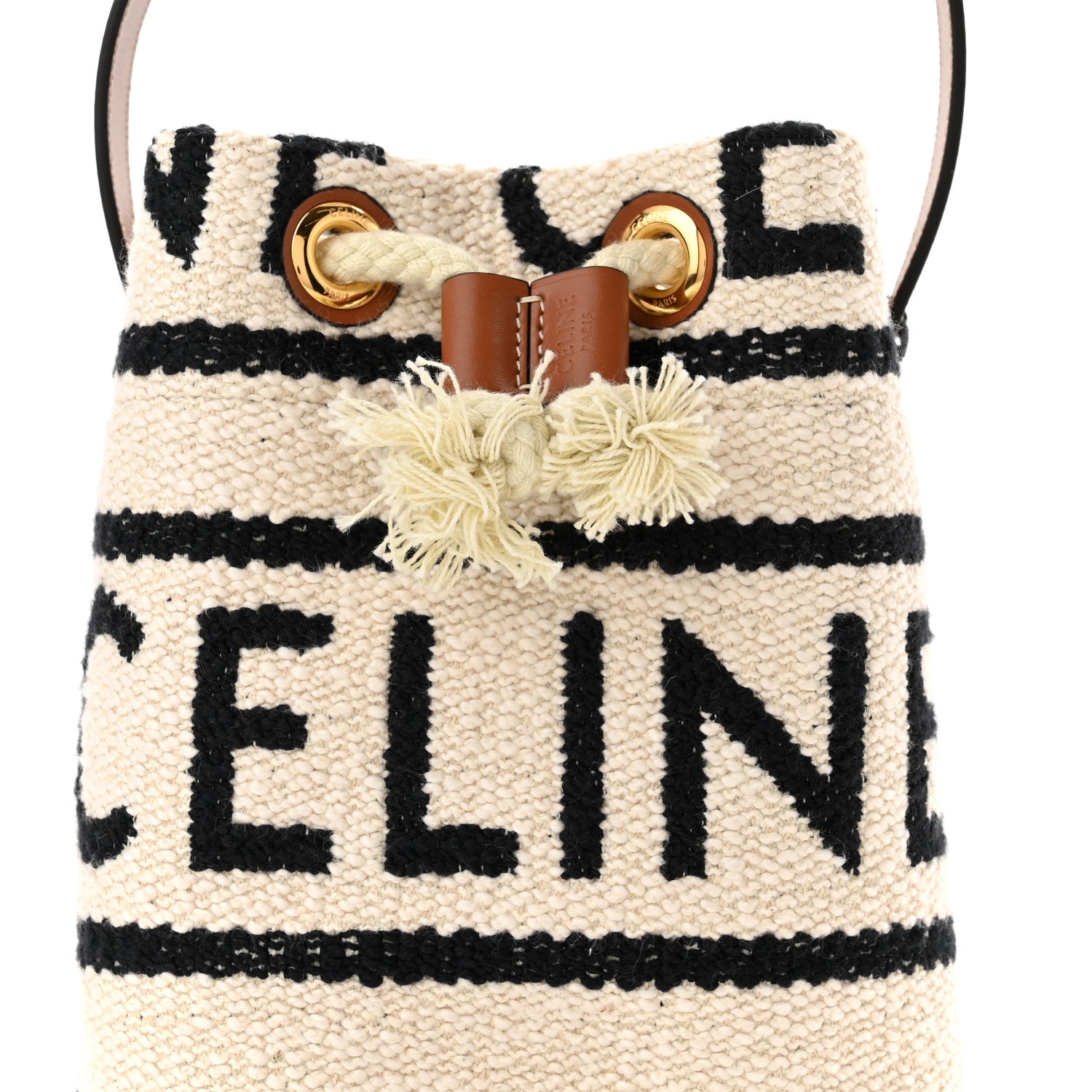 Celine All Over Textile Calfskin Striped Teen Drawstring Bag White Black 8 of 11