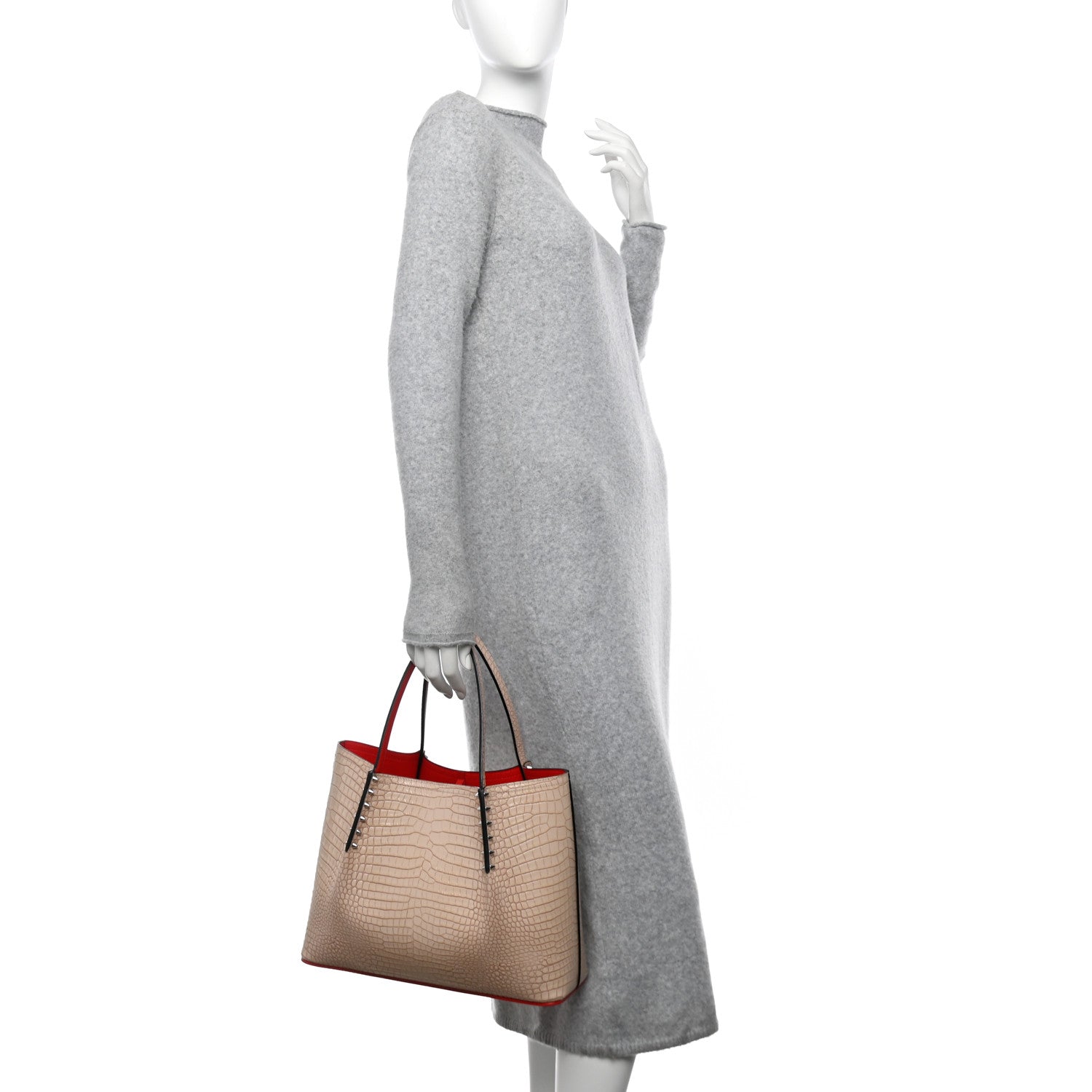 Christian Louboutin Crocodile Embossed Calfskin Spiked Small Cabarock Shopper Tote Leche 2 of 10