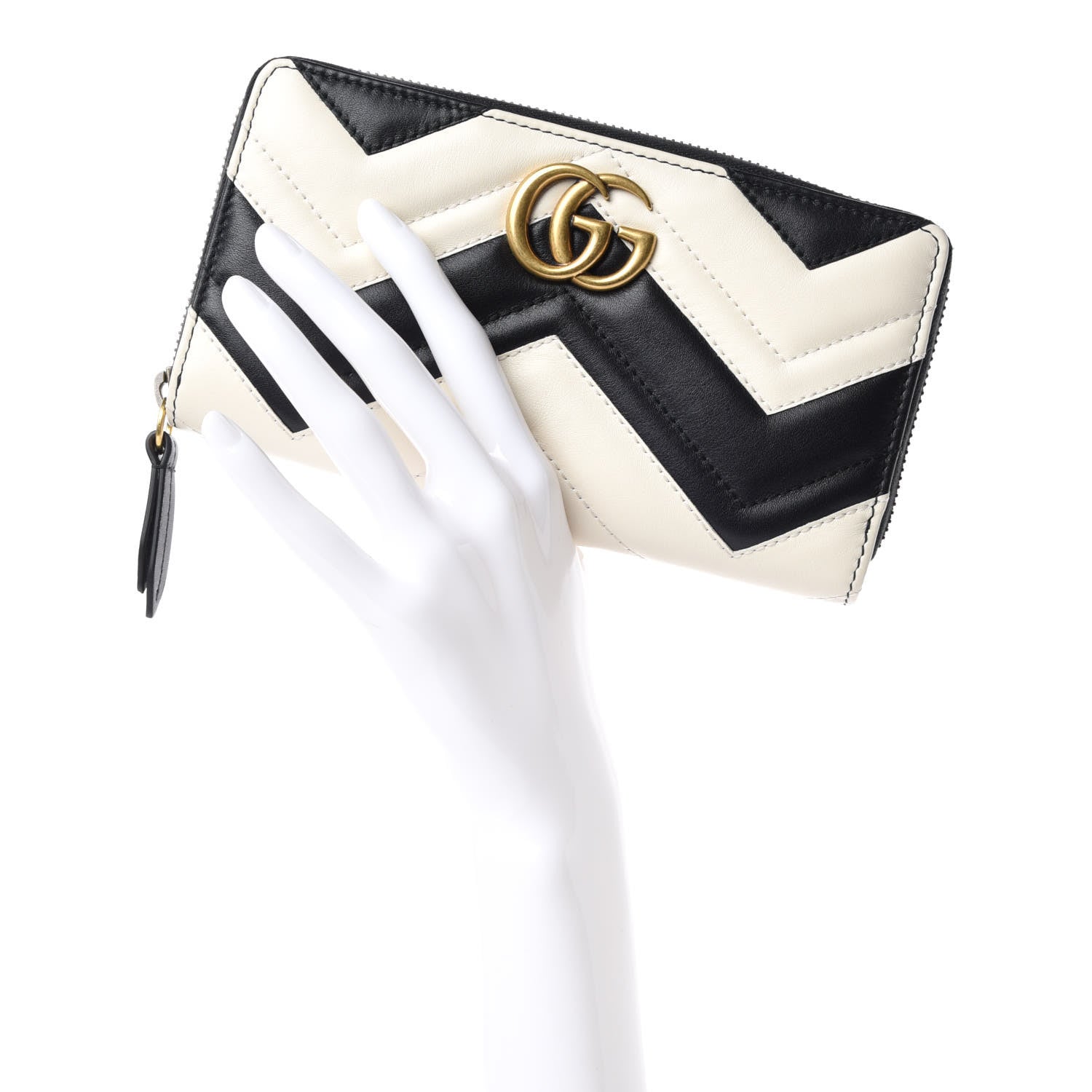 Gucci Calfskin Matelasse GG Marmont Zip Around Wallet Black White 2 of 9