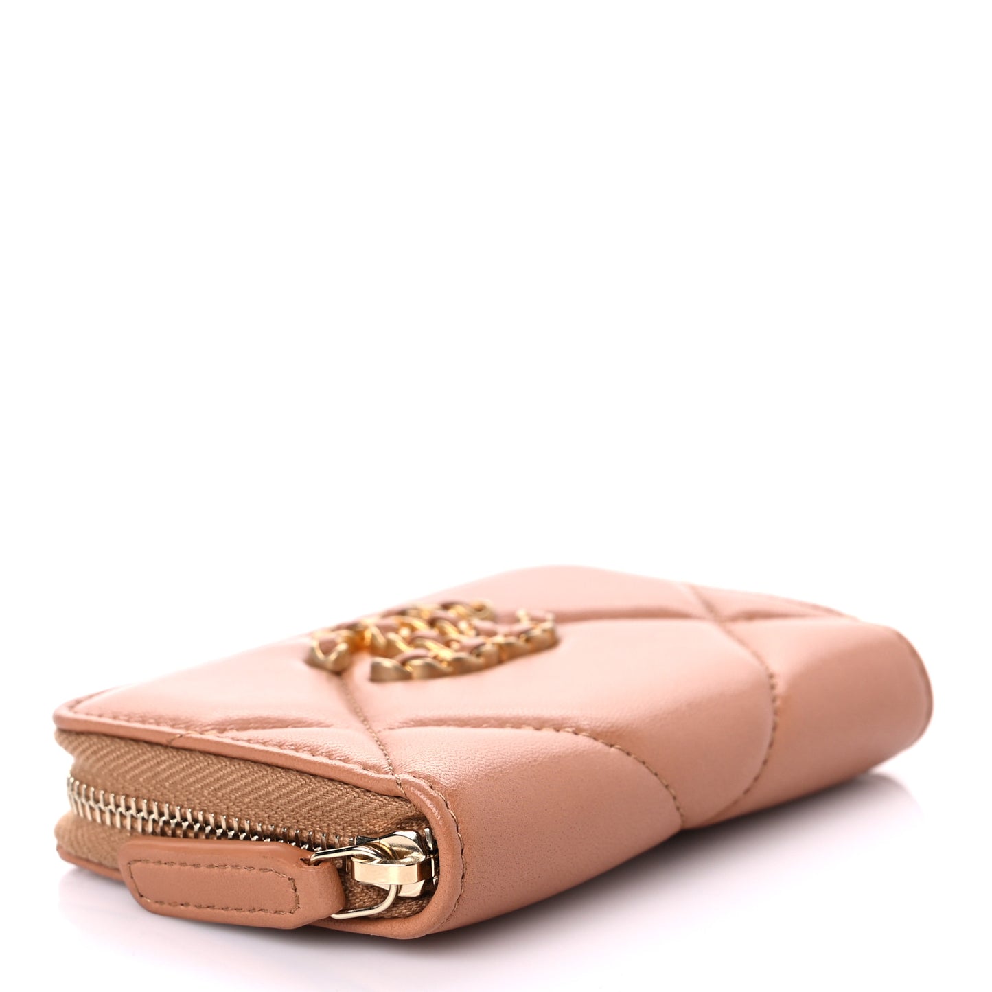 Lambskin Quilted Chanel 19 Zip Around Coin Purse Wallet Brown