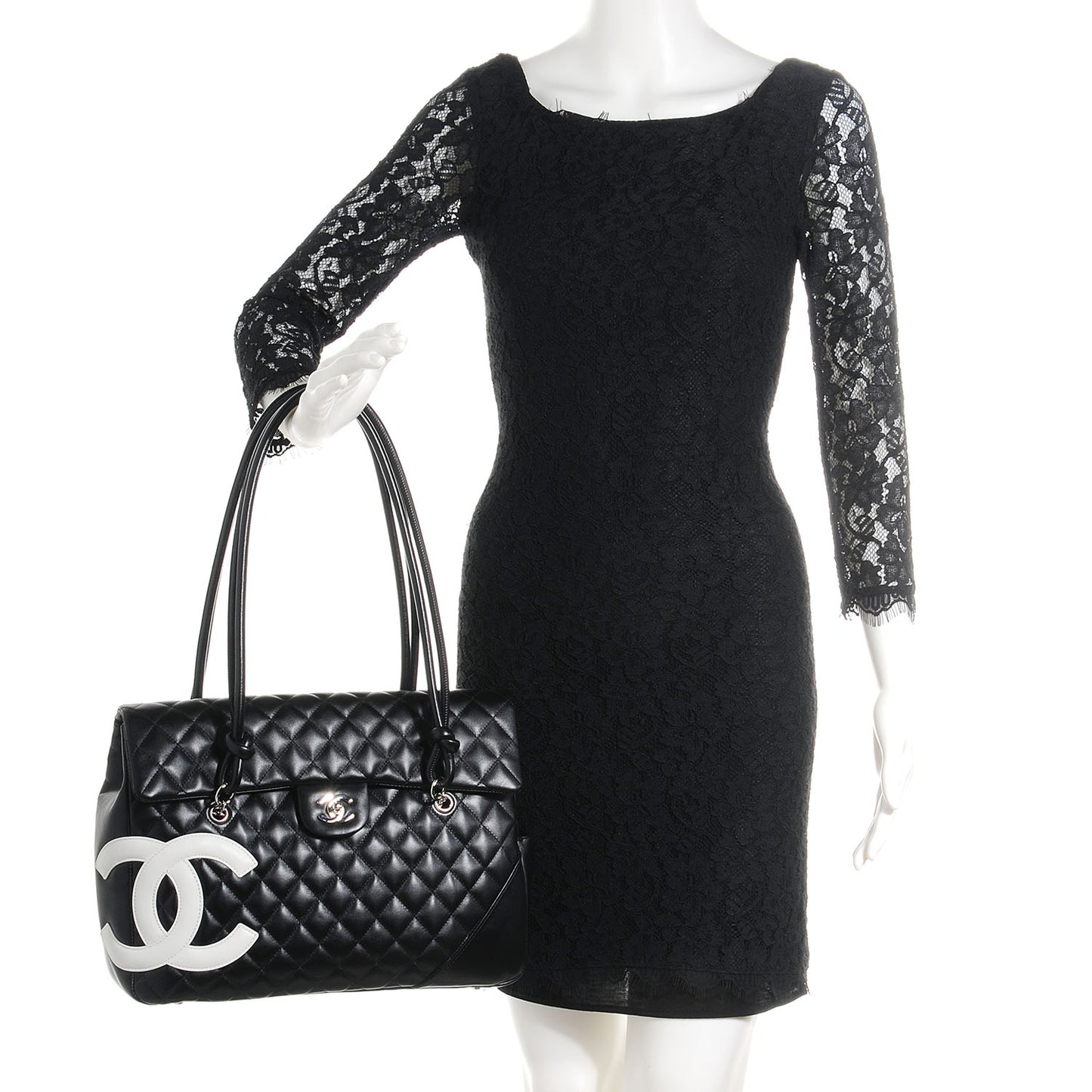 Calfskin Quilted Large Cambon Flap Black White