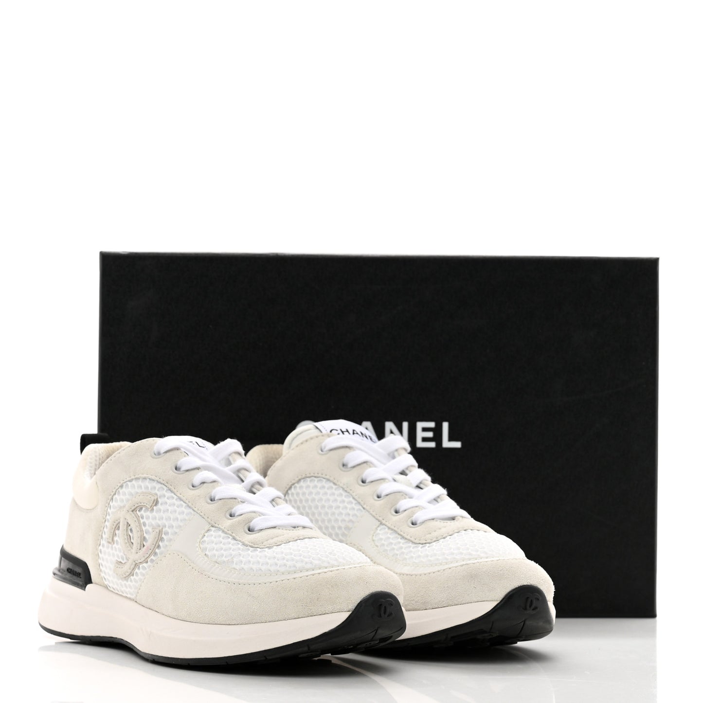 Calfskin Mesh Lycra Suede Womens Logo Sneakers 38.5 White
