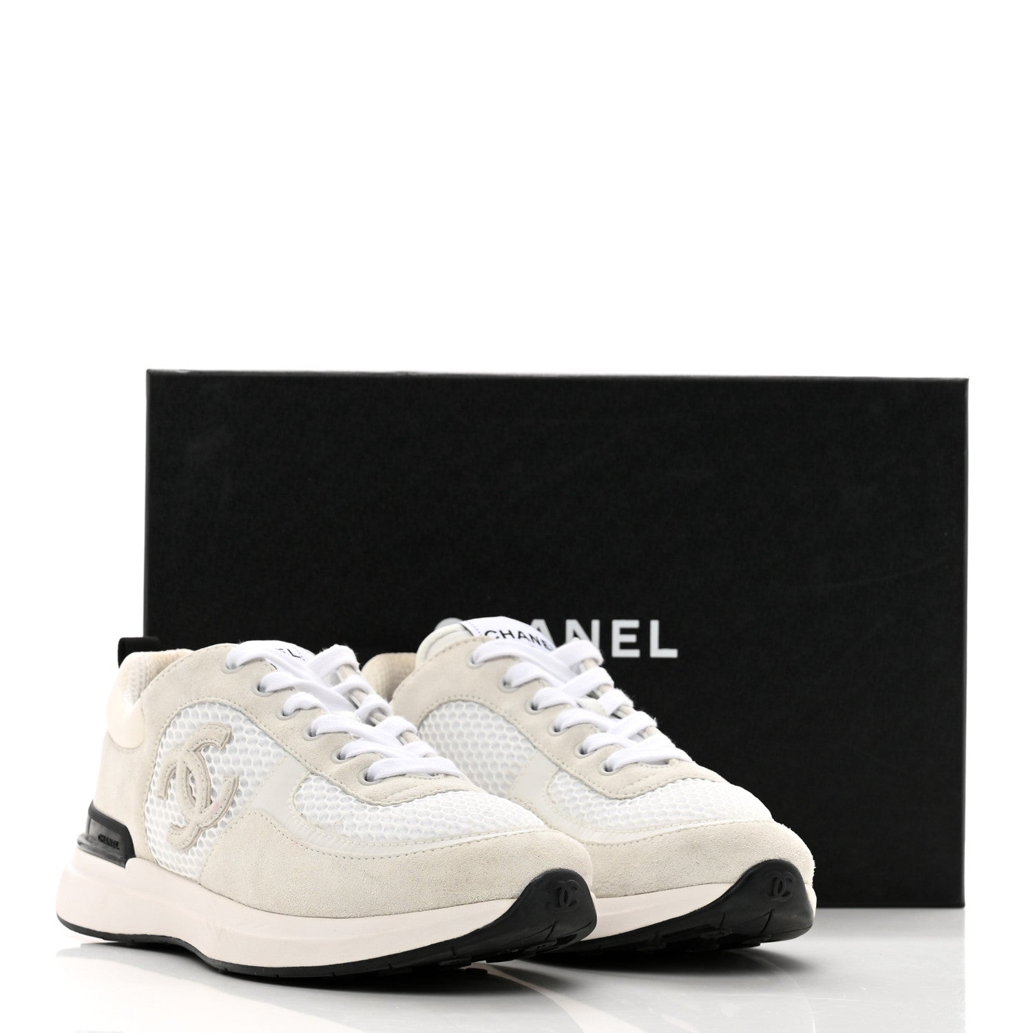 Chanel Calfskin Mesh Lycra Suede Womens Logo Sneakers 38.5 White 9 of 9
