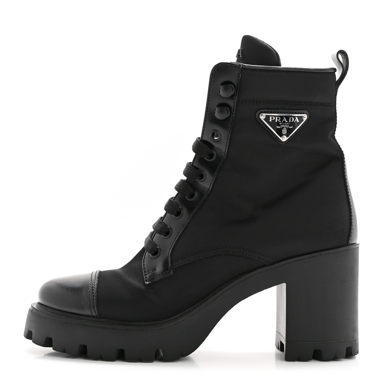Prada Spazzolato Re-Nylon Metal Triangle Logo Lace Up 55mm Ankle Boots 38.5 Black 1 of 11