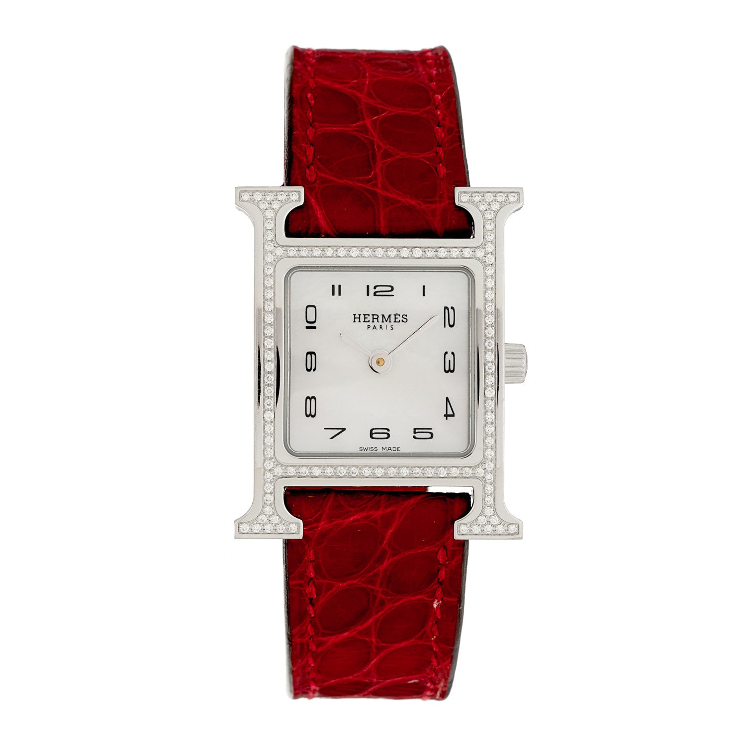 Hermes Stainless Steel Alligator Diamond Bezel Mother of Pearl 21mm Heure H Hour Quartz Watch Braise 1 of 5