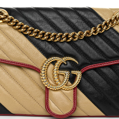 Gucci Vintage Effect Calfskin Matelasse Diagonal Striped Small Torchon GG Marmont Shoulder Bag Black Beige 8 of 10