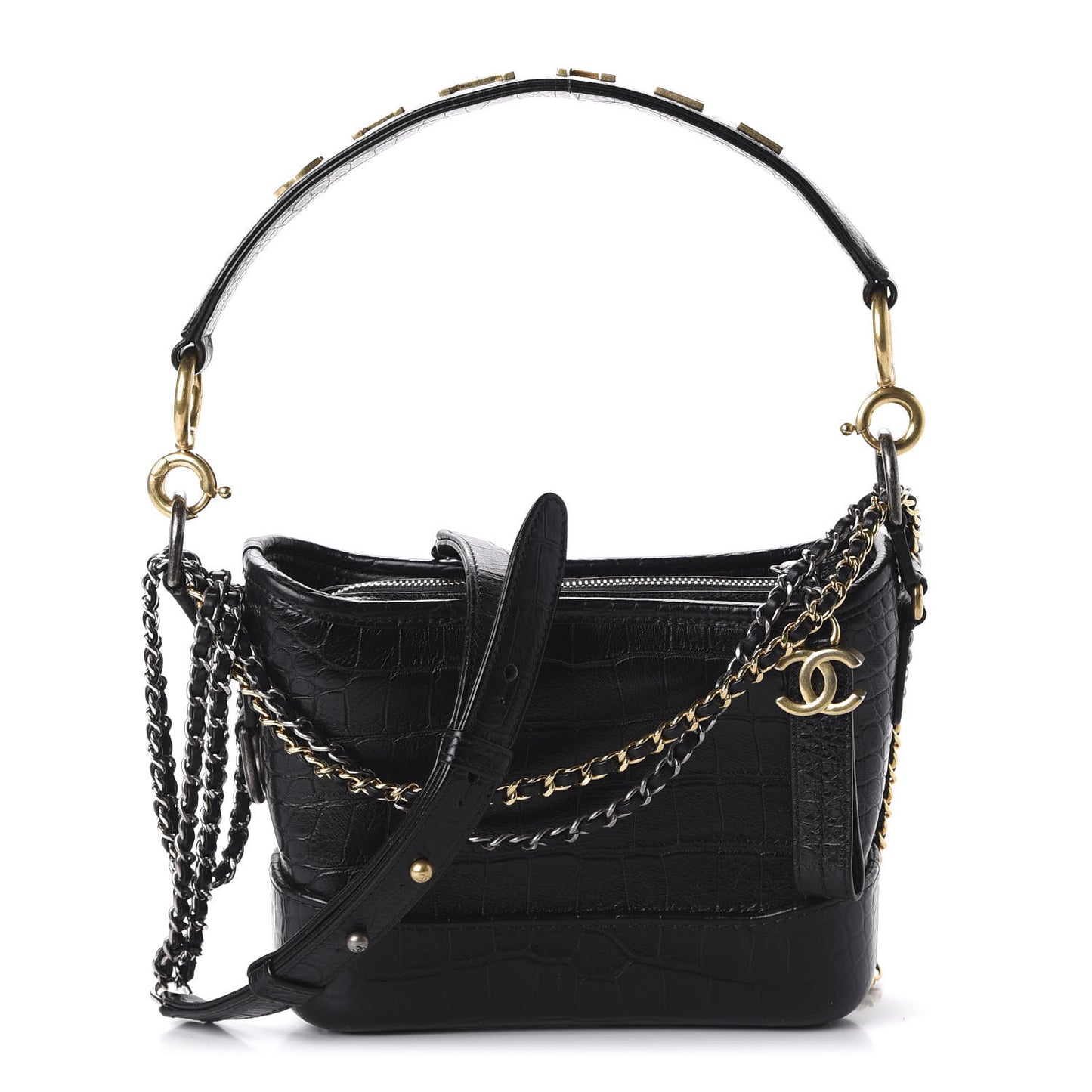 Calfskin Crocodile Embossed Small Gabrielle Cocodile Hobo Black