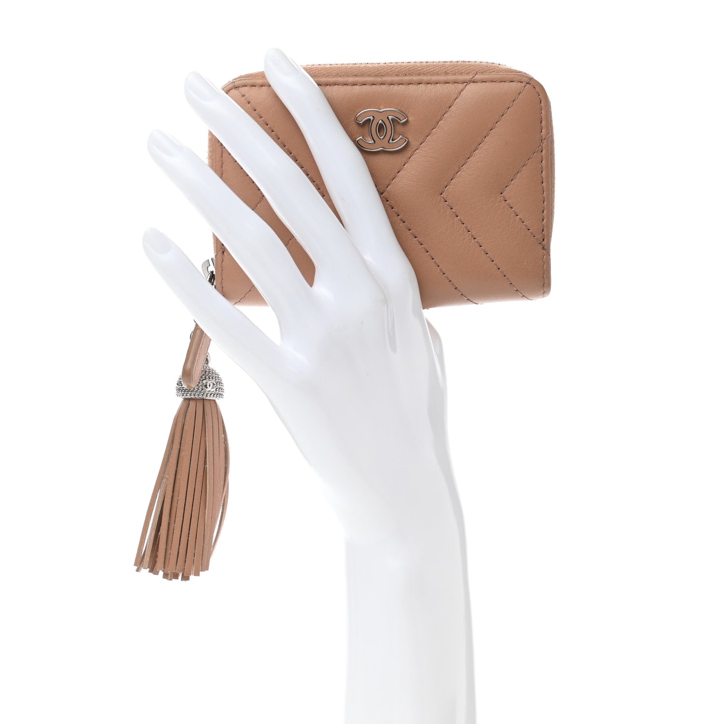 Calfskin Chevron Quilted Tassel Zip Around Coin Purse Beige