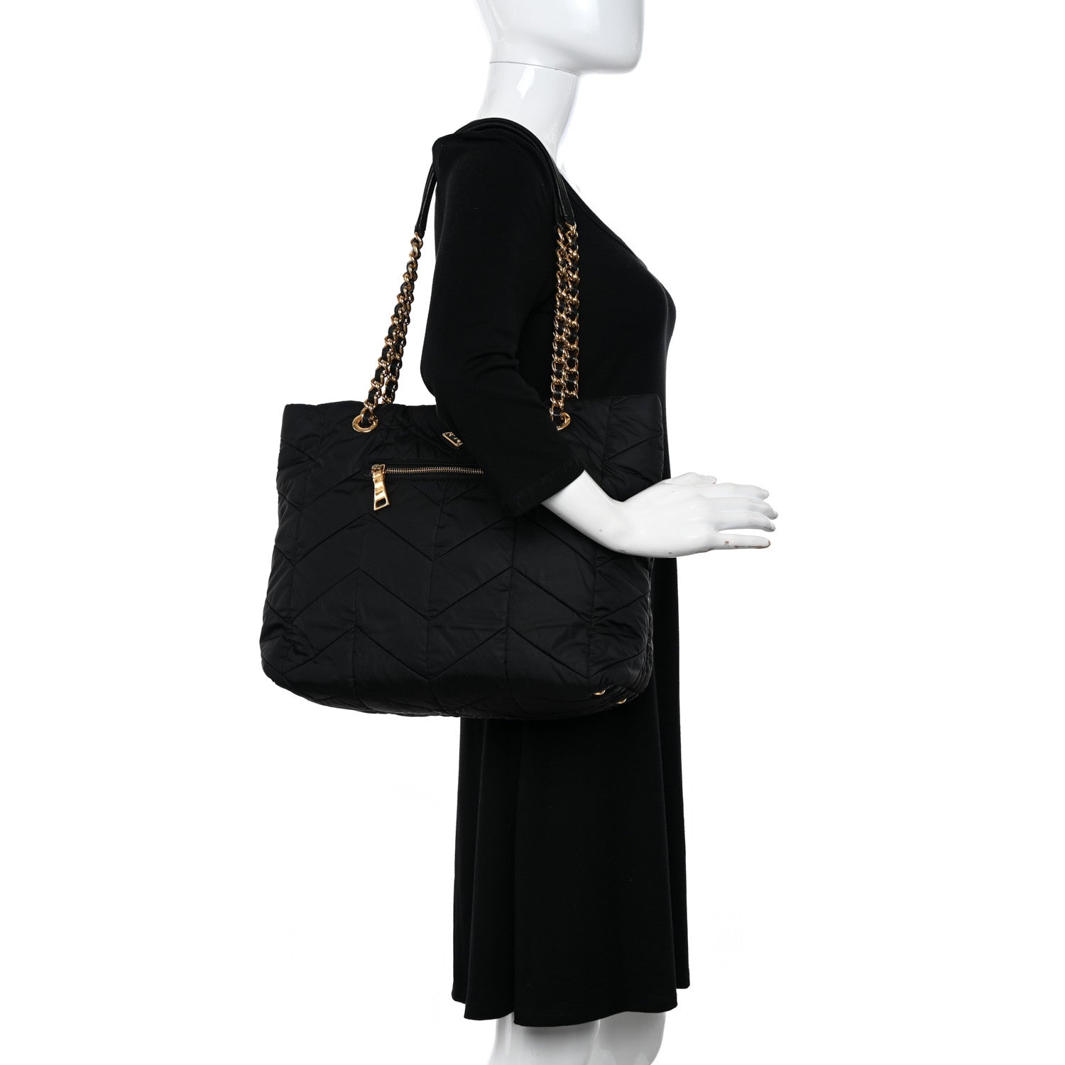 Prada Tessuto Nylon Chevron Quilted Chain Tote Black 2 of 13