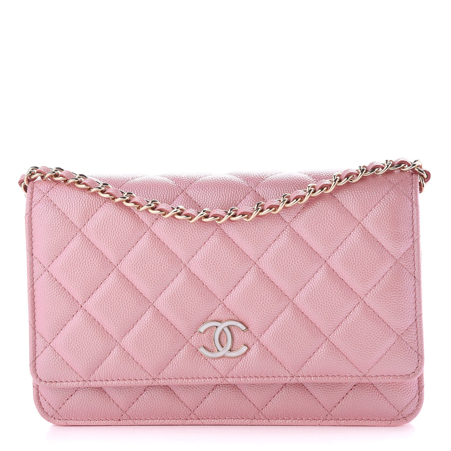 Iridescent Caviar Quilted Wallet on Chain WOC Rose Pink
