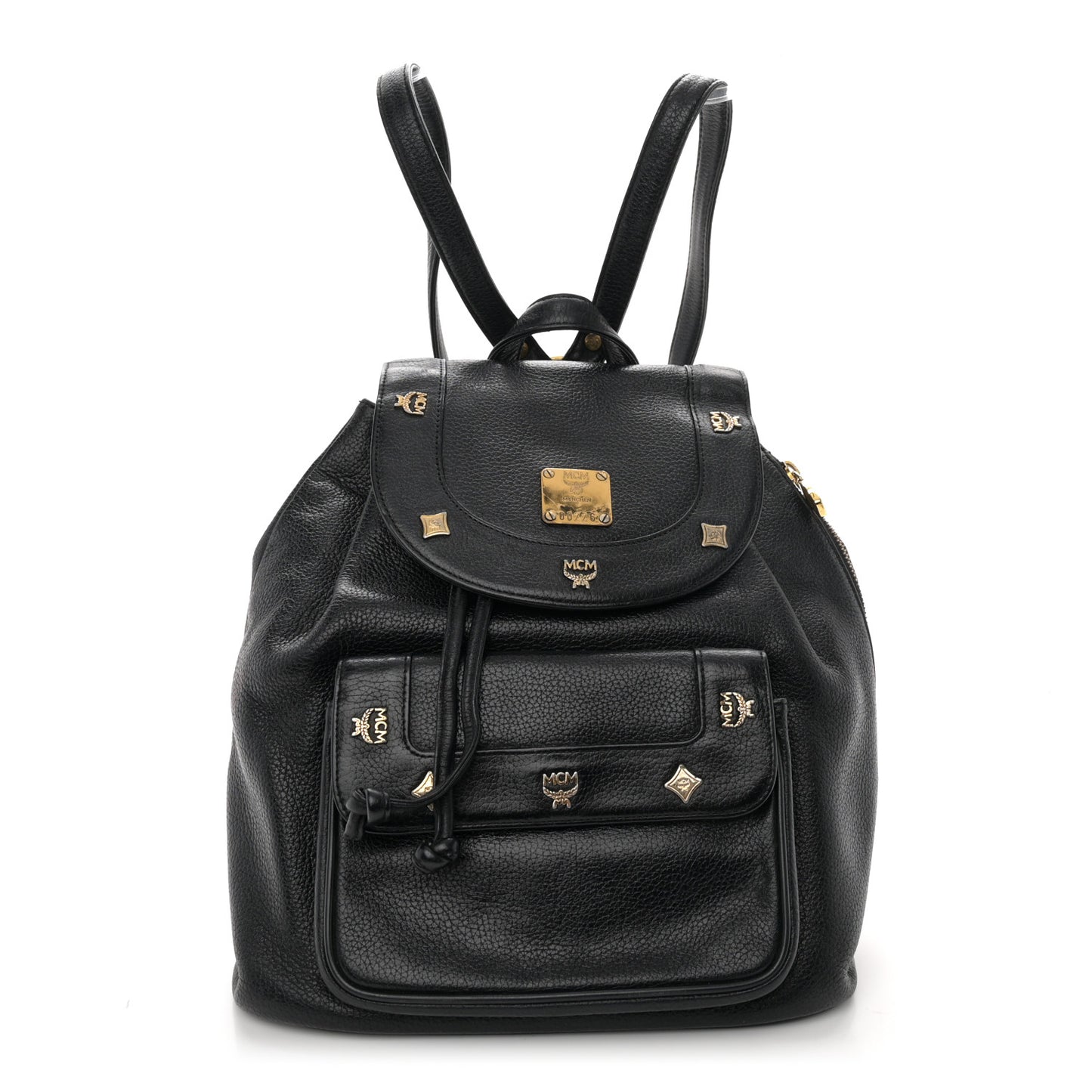 Grained Calfskin Studded Drawstring Backpack Black