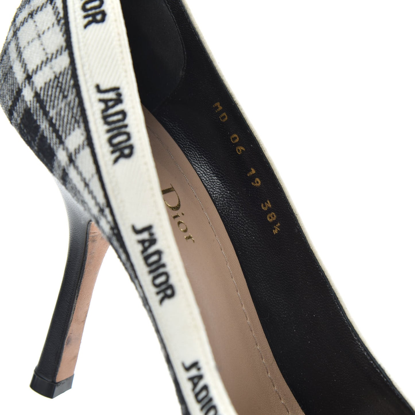 Canvas Ribbon Tartan Print Embroidered J'Adior 100mm Pumps 38.5 Black Off White