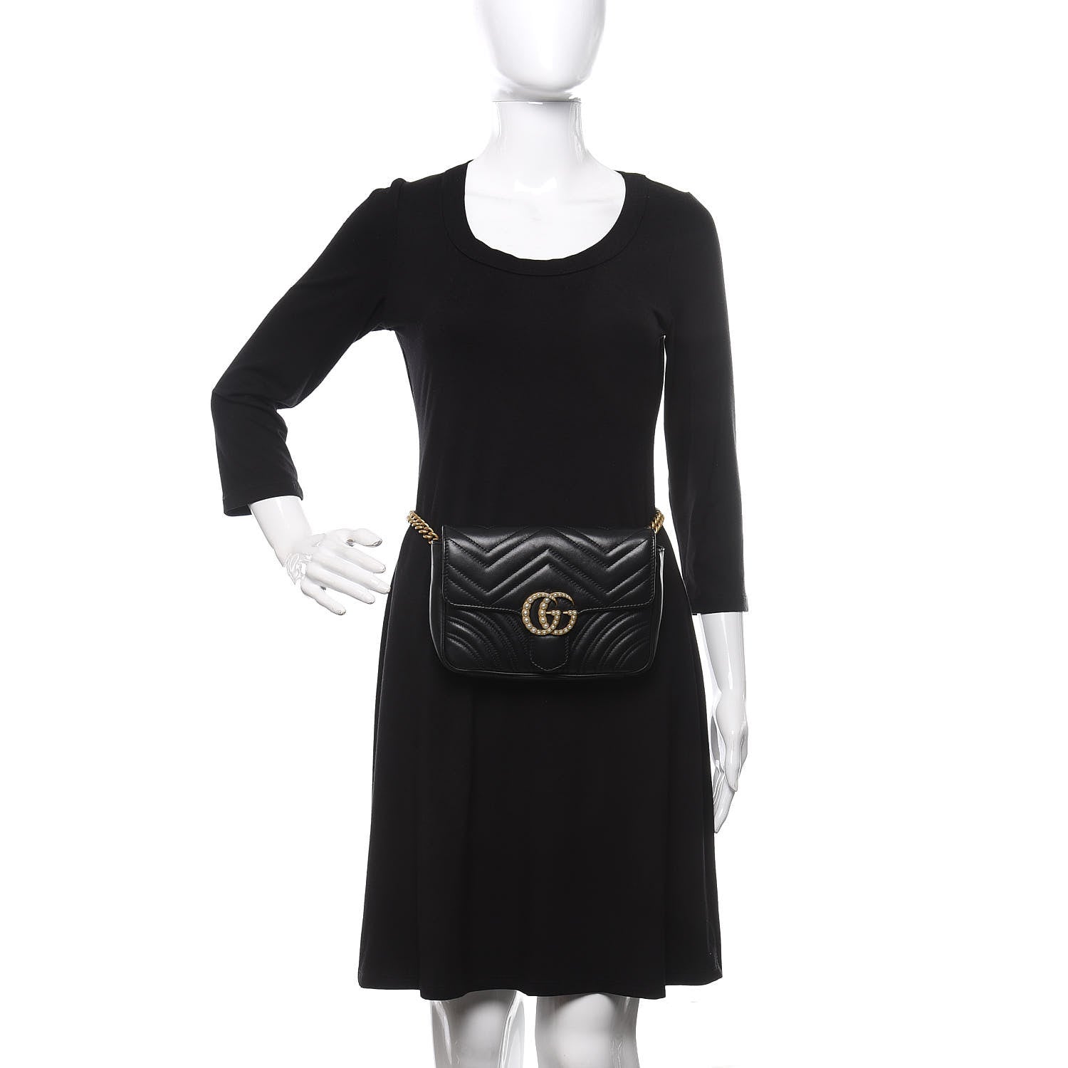 Gucci Calfskin Matelasse Pearly GG Marmont Chain Belt Bag Black 2 of 12